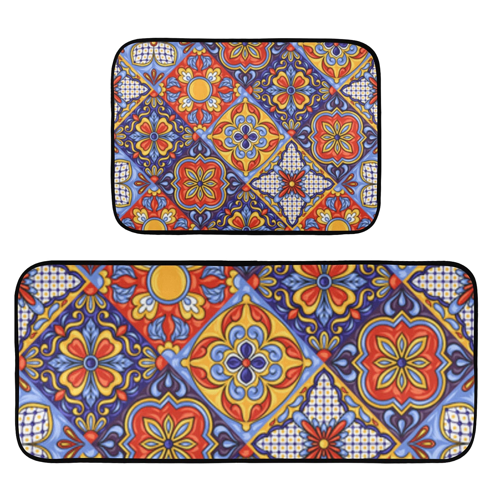 Mexican Talavera Ceramic Tile Pattern Kitchen Rugs Set - 2 Piece Cushioned Anti-Fatigue Non-Slip Washable Mats for Farmhouse, Bathroom Sink, Office & Home Decor - Perfect for Kitchens, Entryways and Laundry Rooms