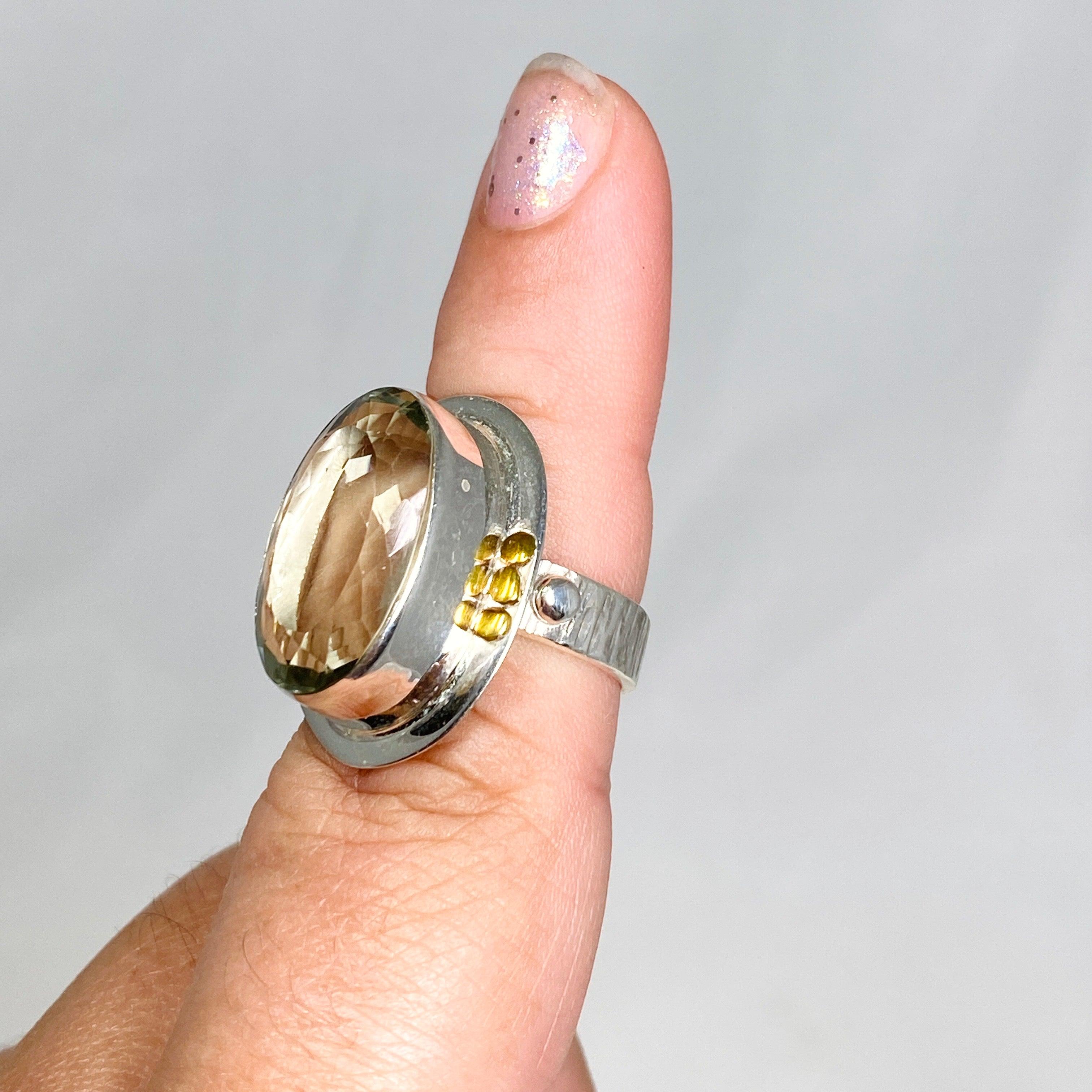 Prasiolite (Green Amethyst) Oval Faceted Ring with Brass Accents - Size 8 - KRGJ3170 - Elegant Jewelry for Women, Perfect for Weddings, Parties & Special Occasions