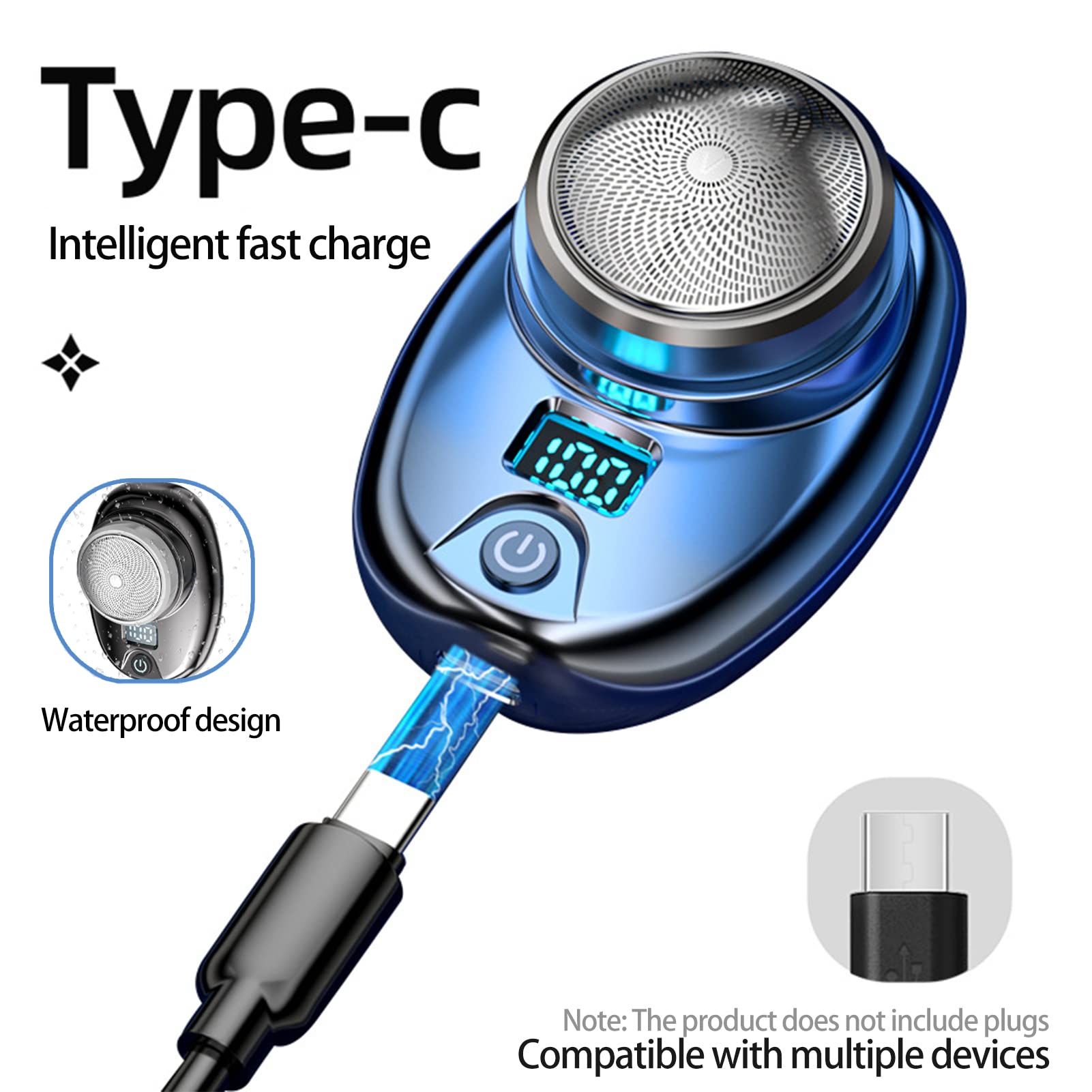 Portable Mini Electric Shaver for Men - Waterproof USB Rechargeable Rotary 3-Blade Shaver with LCD Display - Compact Travel & Gym Razor - Perfect for Business Trips, Camping & Daily Grooming (Blue)