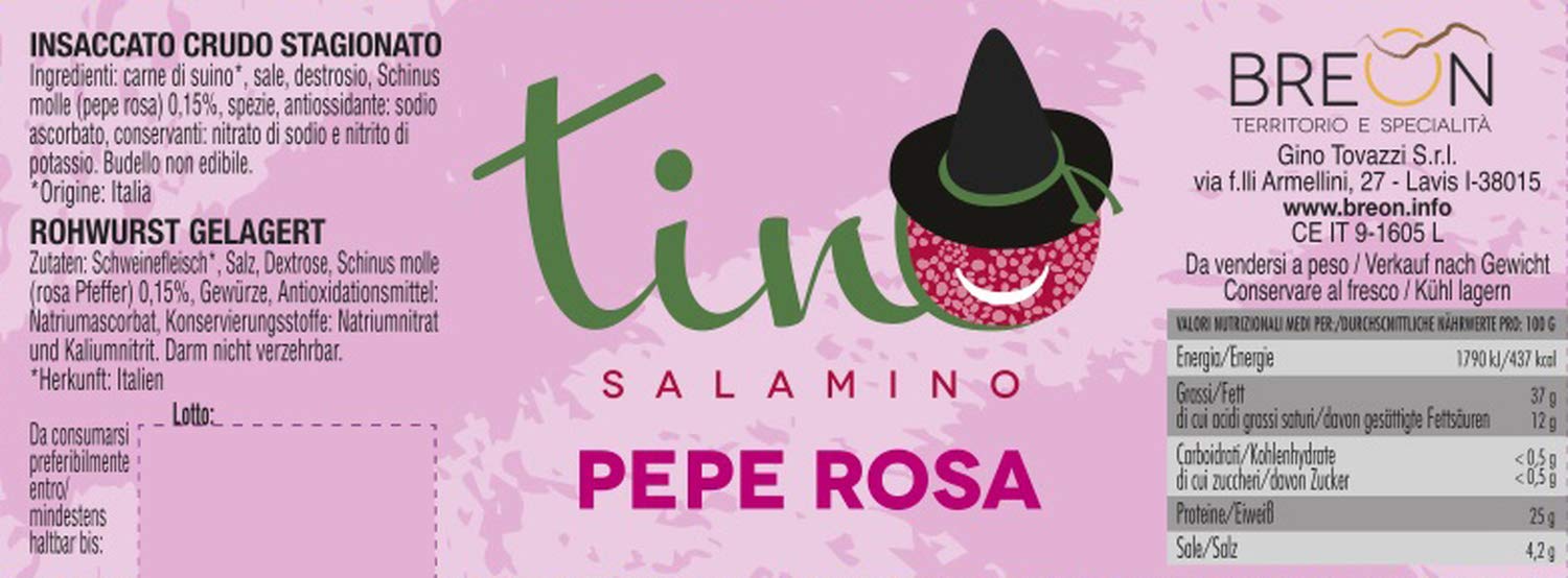 Tino Rosa Pepper Salami 7.4 oz (210g) - Breon | Authentic Italian Dry Cured Salami | Perfect for Charcuterie Boards, Sandwiches & Wine Pairing