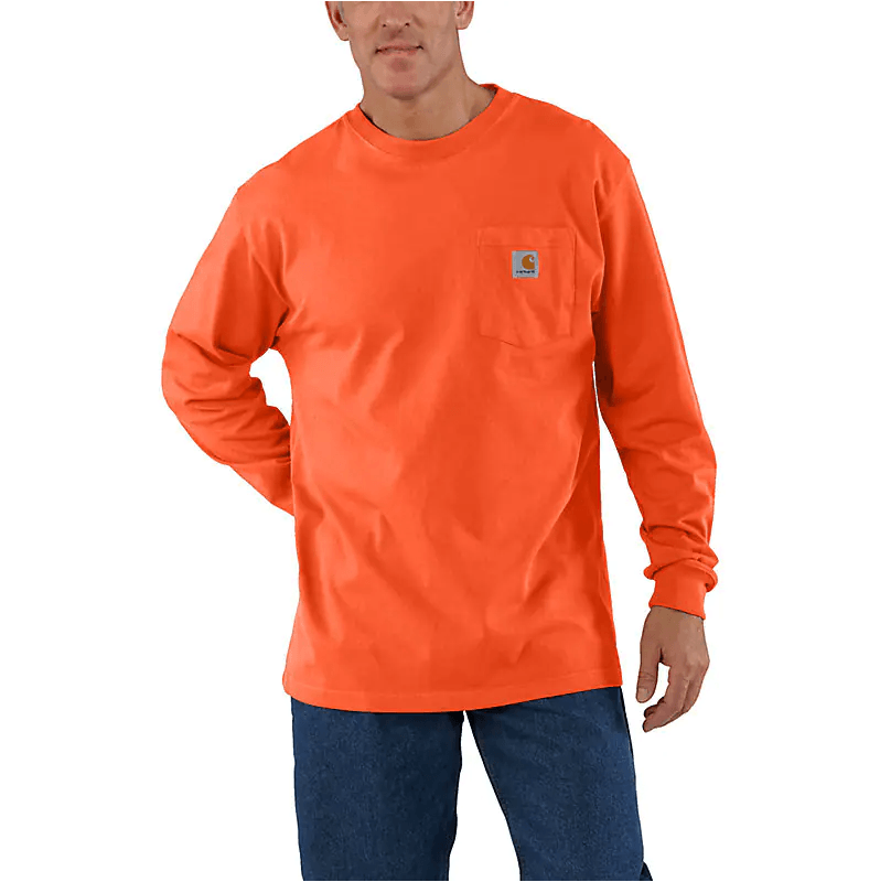 Premium Loose Fit Heavyweight Long Sleeve Pocket T-Shirt for Men - Brite Orange - Comfortable Casual Wear for Everyday & Outdoor Activities