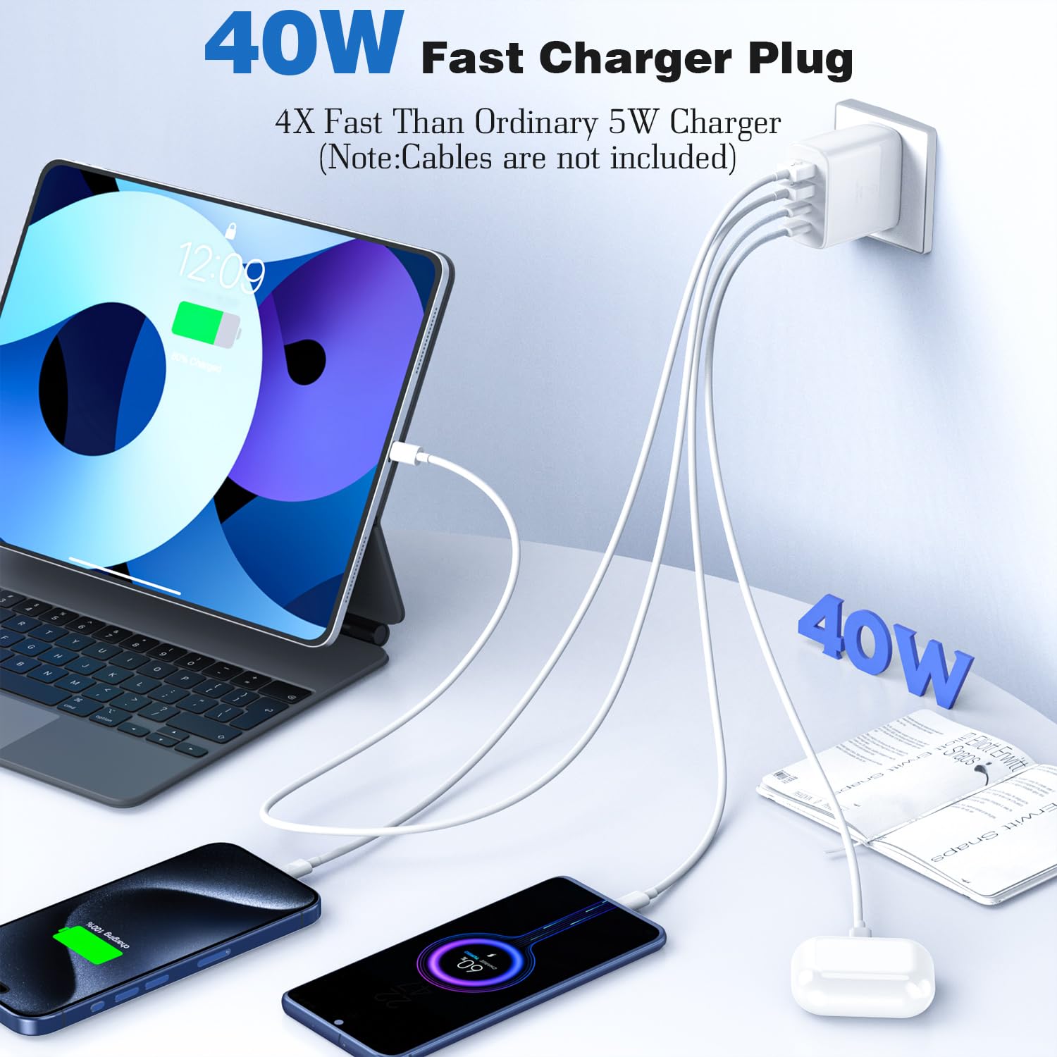 40W 2-Pack 4-Port PD USB C Fast Charger Block with QC 3.0 - Compatible with iPhone 16/15/14/13/12 Pro Max, iPad Pro/Air, Samsung Galaxy - Perfect for Home, Office & Travel Charging Multiple Devices Simultaneously