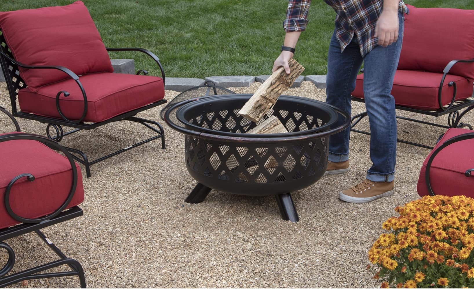 Wood Burning Outdoor Fire Pit with Lattice Design - Oil Rubbed Bronze Fire Bowl for Backyard, Patio, Camping & Garden Gatherings