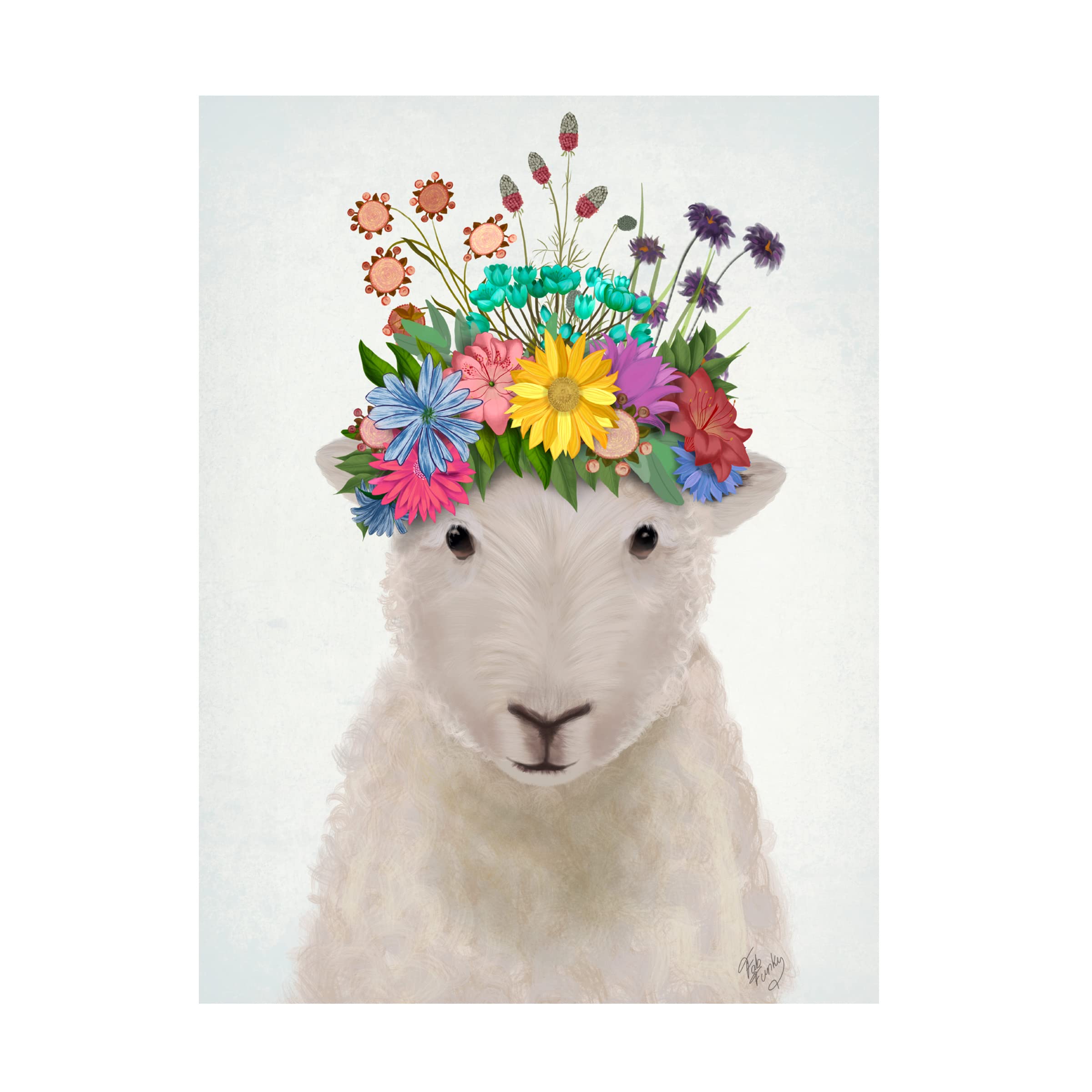 Fab Funky 'Sheep with Flower Crown 1' Canvas Wall Art Print - Modern Home Decor for Living Room, Bedroom & Office