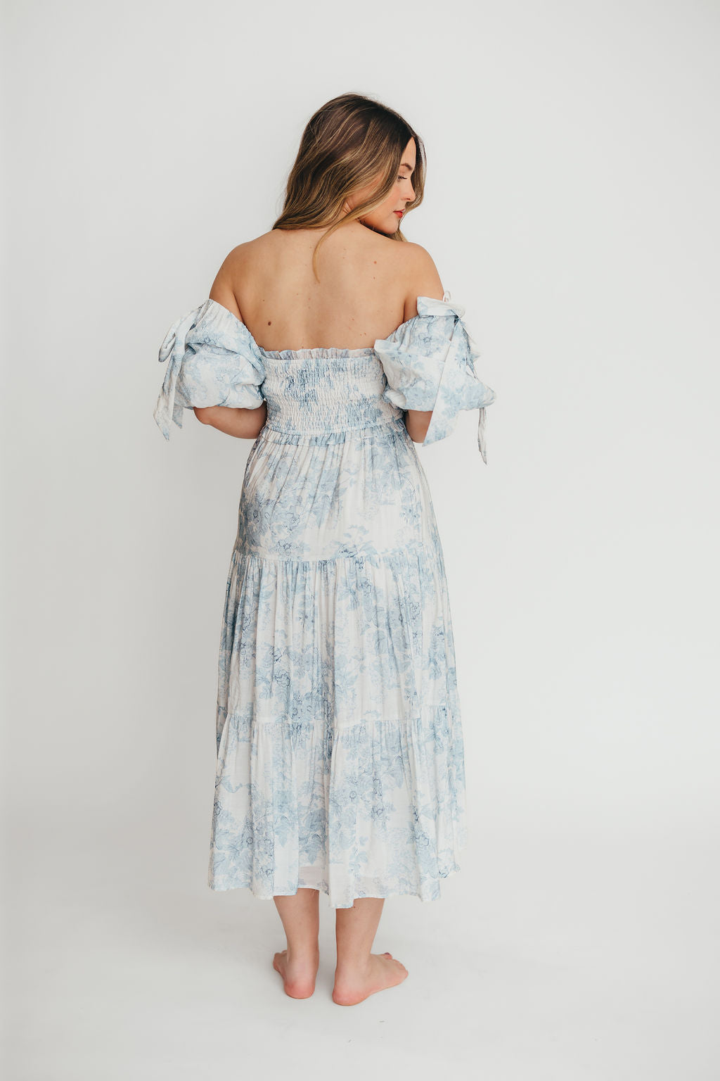 Elena Floral Print Smocked Midi Dress in Blue - Bump Friendly Maternity Dress & Inclusive Sizing for Women - Perfect for Baby Showers, Bridal Events & Summer Weddings