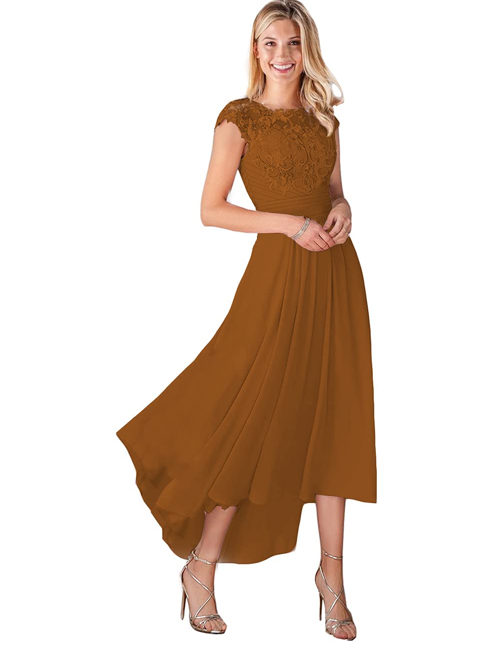 Elegant Women's High-Low Prom Dresses with Pockets - Lace Chiffon Formal Evening Gowns with Sleeves (Style P053) for Homecoming, Wedding Guest & Special Occasions