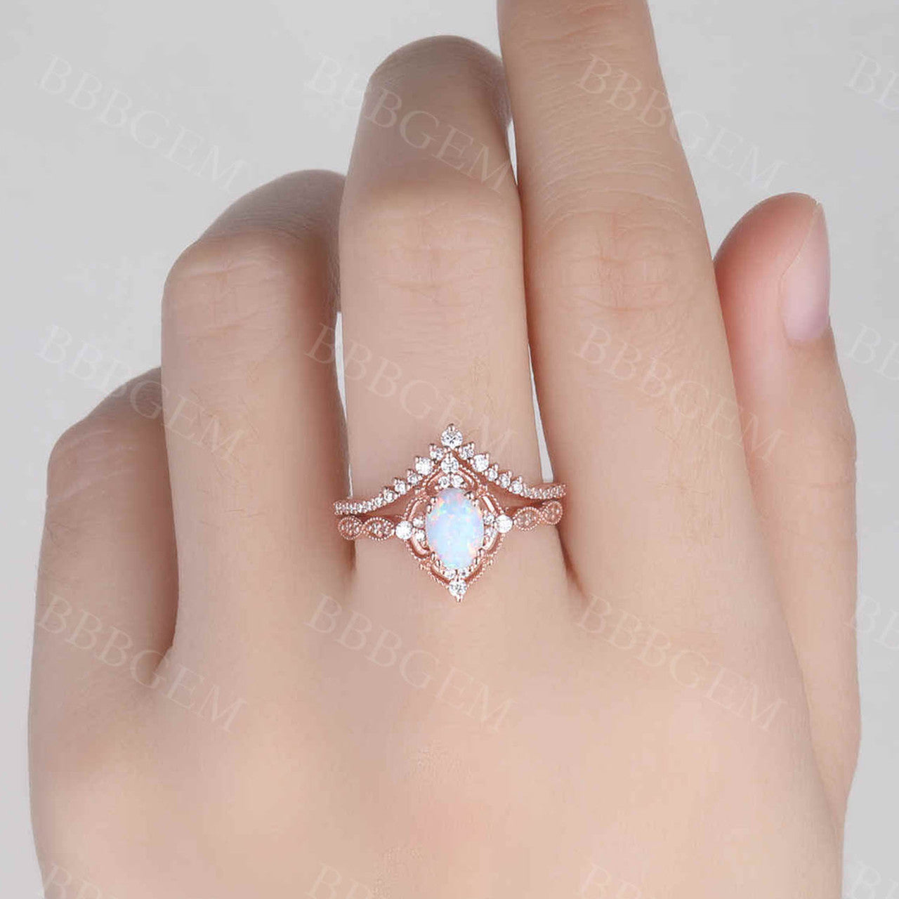 Vintage Art Deco Opal Bridal Ring Set - Oval Opal Engagement Ring with Rose Gold & Diamonds - Wedding & Anniversary Gift for Her - Perfect for Proposals, Bridal Jewelry & Special Occasions
