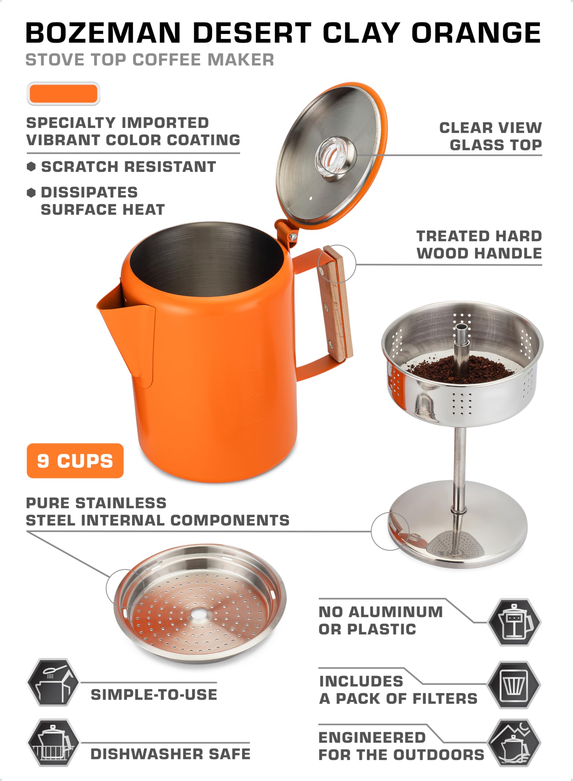 COLETTI Bozeman Camping Coffee Pot - Stainless Steel Percolator for Outdoor Adventures, Camping & Hiking - BPA-Free & Aluminum-Free Design (Orange) - Perfect for Backpacking, RV Trips & Picnics