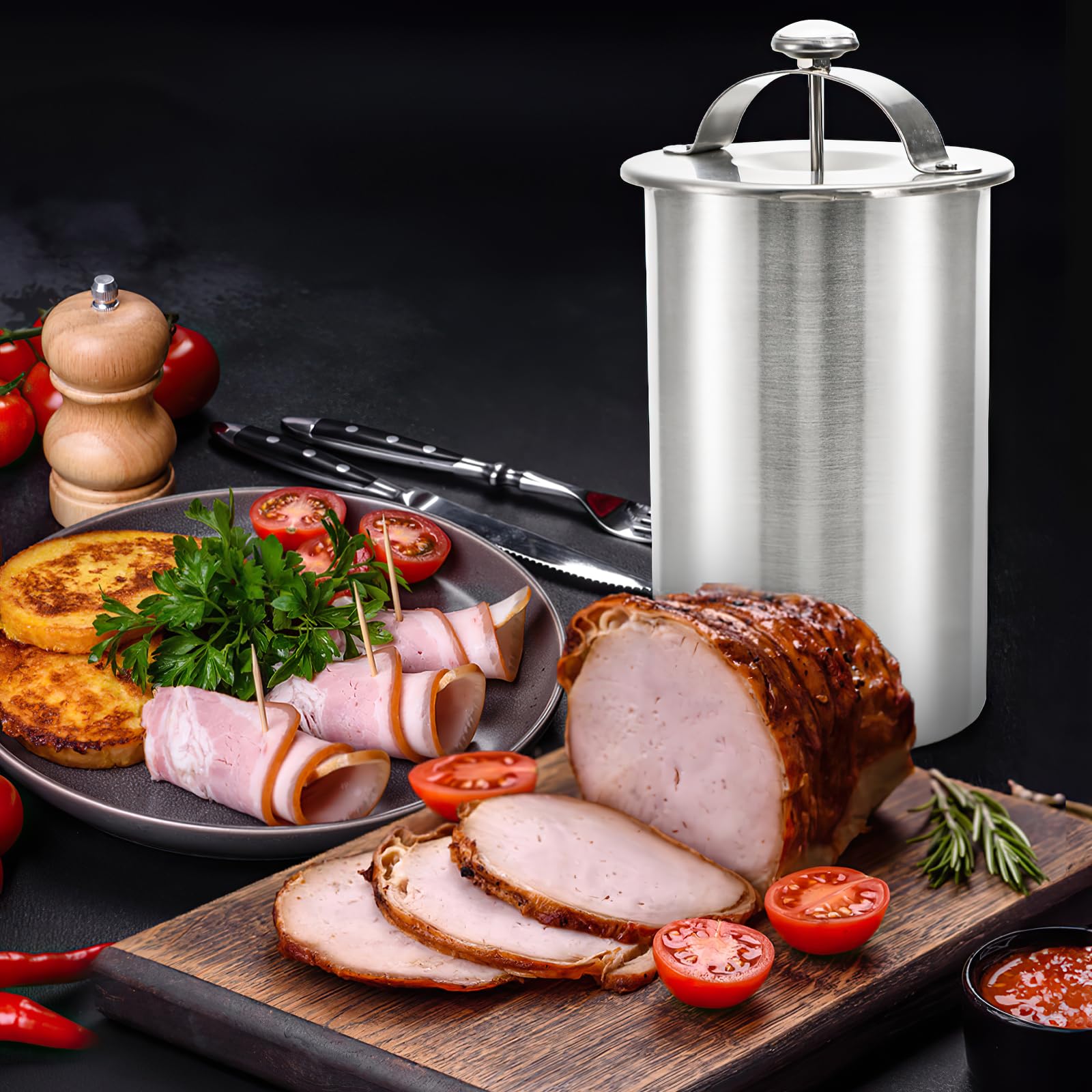 Kingrol Stainless Steel Ham Press with Built-in Thermometer - Heavy Duty Meat Press Tool for Bacon, Bologna & Sandwich Making | Perfect for Deli, BBQ & Home Kitchen Use