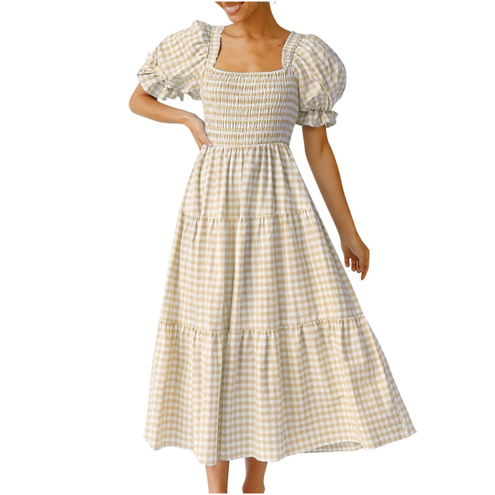 Bohemian Maxi Dress for Women - Summer Square Neck Puff Short Sleeve Flowy Dress with Plaid Ruffle Details | Perfect for Wedding Guest, Beach Vacation & Casual Outings
