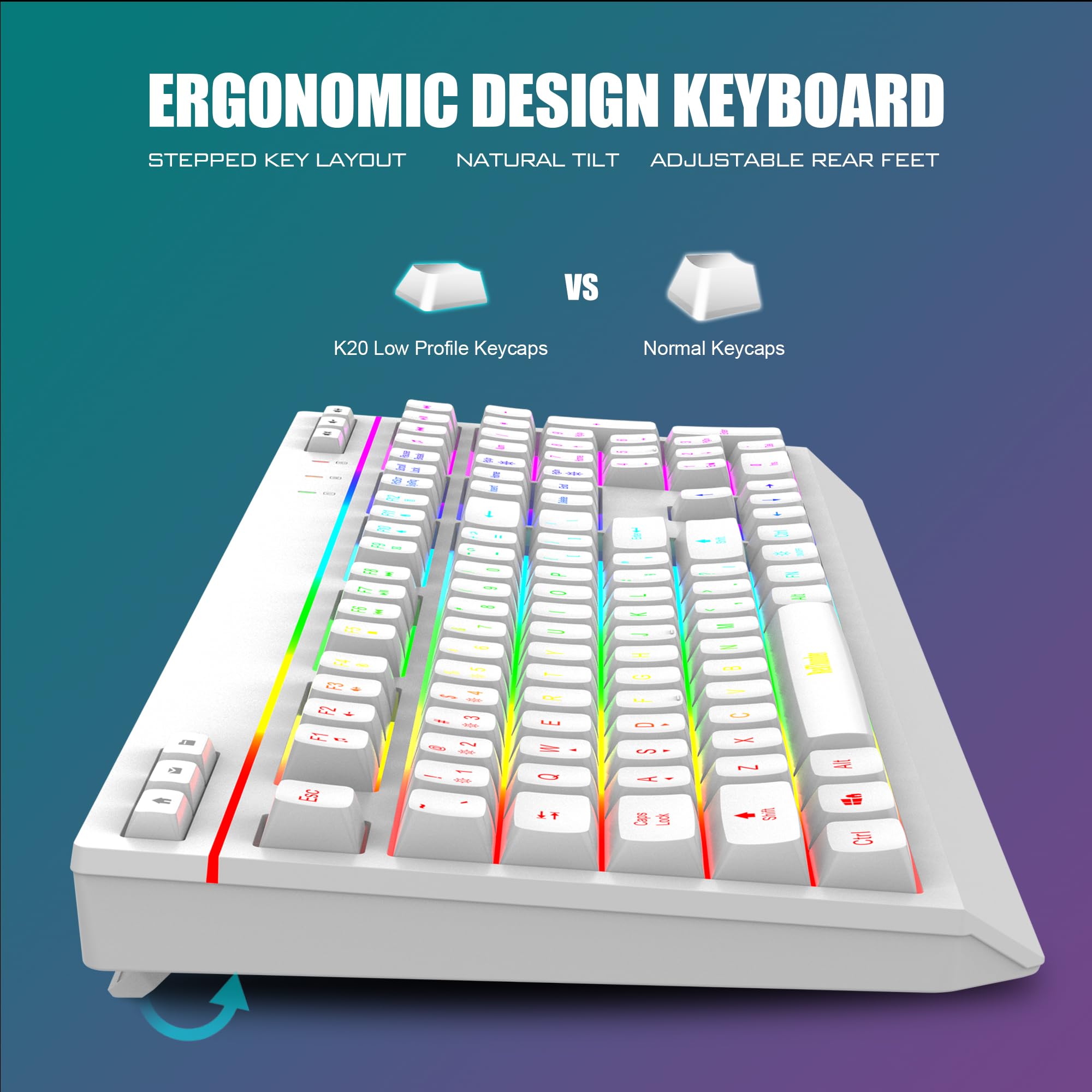 RedThunder K20 Wireless Keyboard and Mouse Combo - Full Size Anti-Ghosting Mechanical Keyboard with RGB Backlit, 7D 4800DPI Gaming Mouse, Rechargeable for PC Laptop Mac Xbox (White) | Perfect for Gaming, Office Work & Home Entertainment