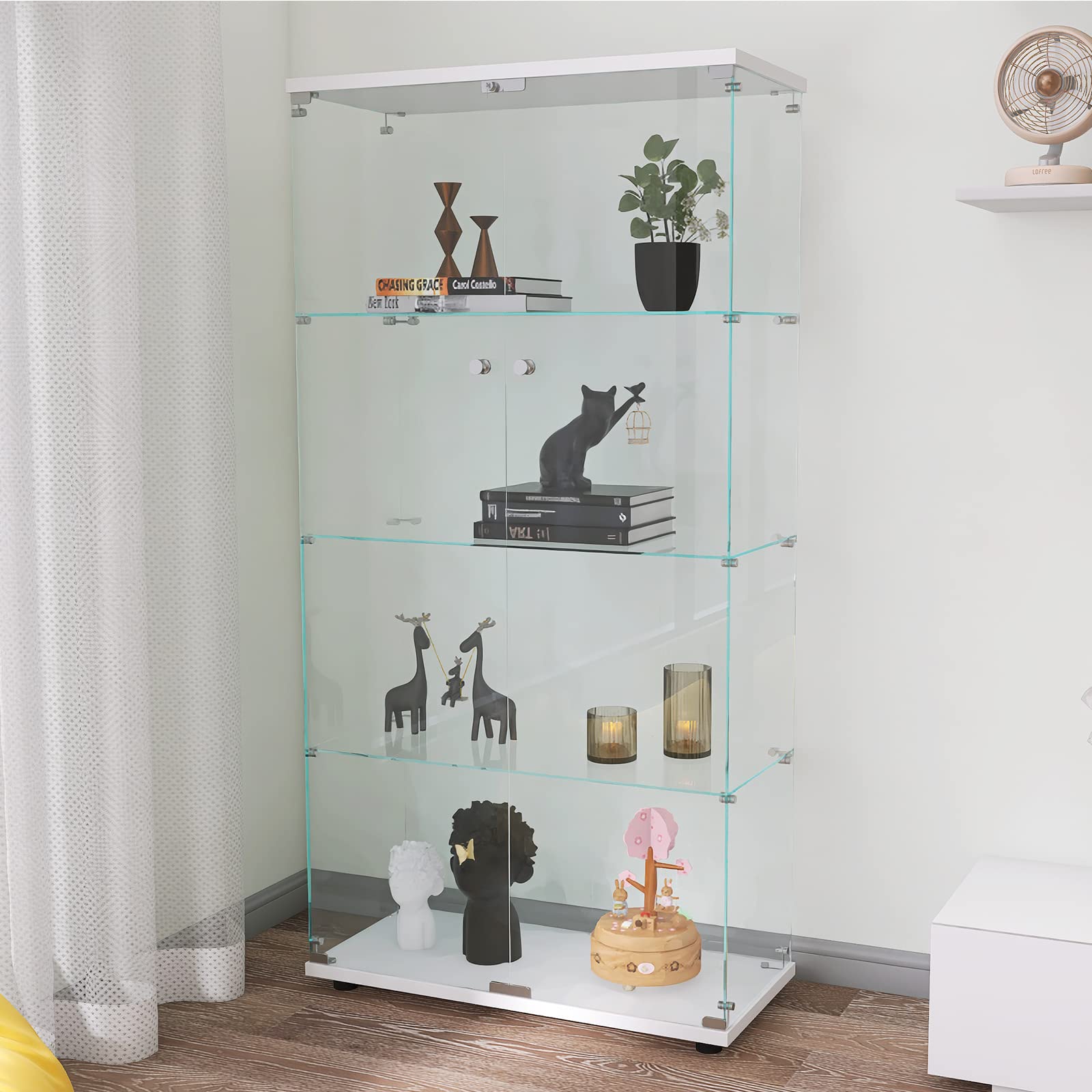 TehRecBT 2-Door Glass Display Cabinet with 4 Tier Shelves - Clear Floor Standing Curio Cabinet for Collectibles, Books & Decor | Perfect for Living Room, Bedroom, Office & Kitchen Storage