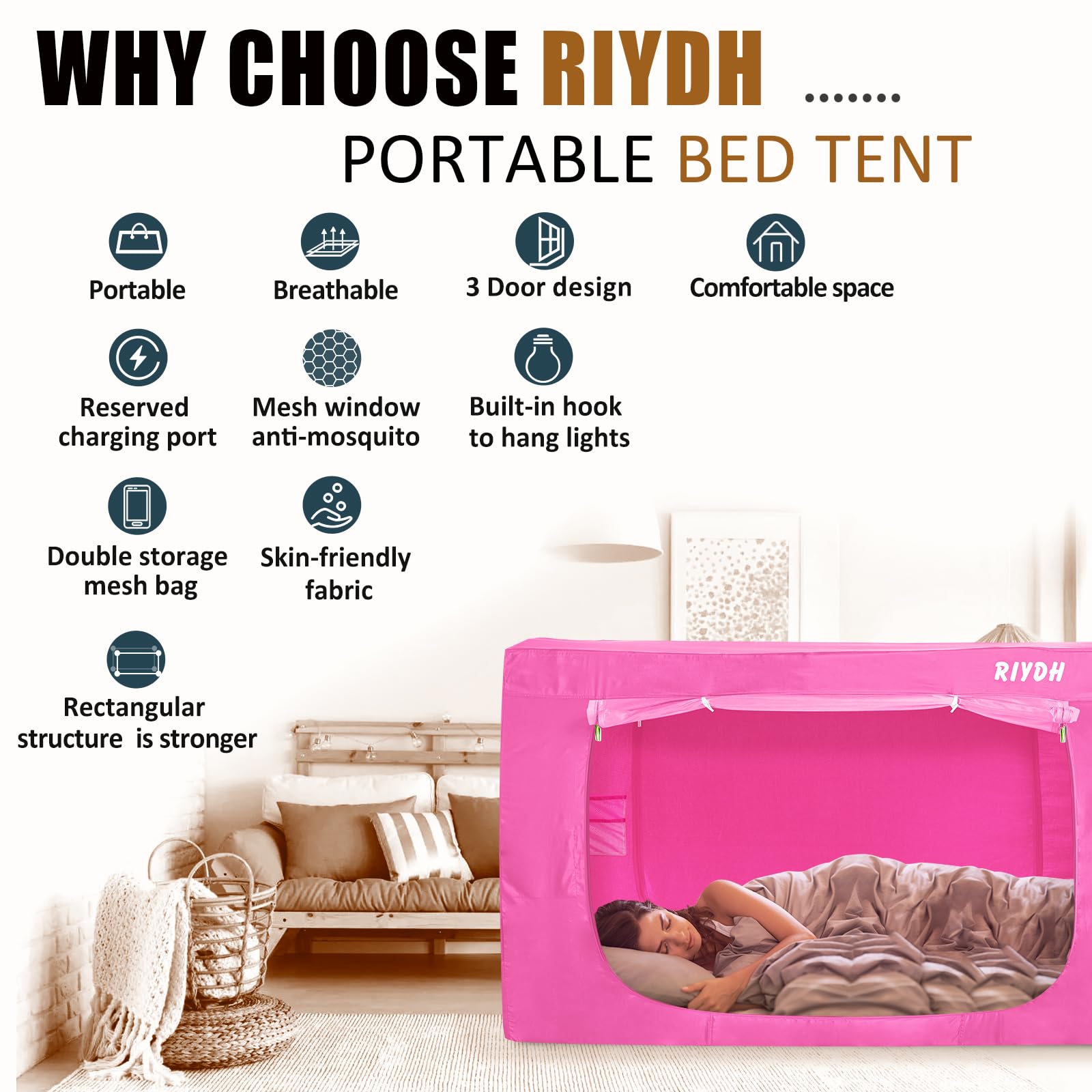 King Size Bed Tent Canopy - Portable Blackout Sleeping Tent for Adults & Kids, 70% Light Blocking with 3 Doors & Breathable Fabric (Pink) - Perfect for Camping, Bedroom Privacy & Cozy Indoor Sleepovers