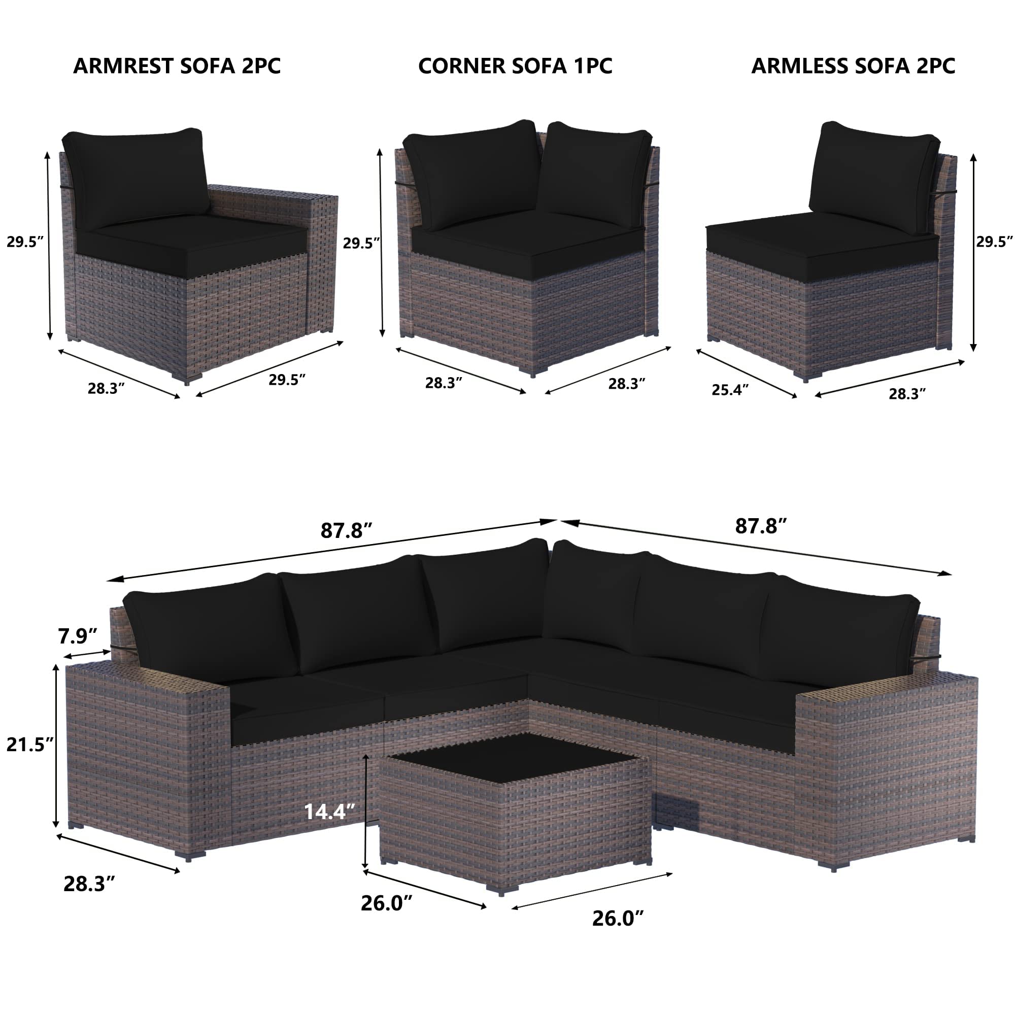 7-Piece Outdoor Patio Furniture Set with Propane Fire Pit - High Back PE Wicker Rattan Sofa Conversation Set - Sectional Patio Furniture with Tempered Glass Table & Gas Fire Pit (Black) - Perfect for Backyard, Garden, Poolside & Outdoor Entertaining