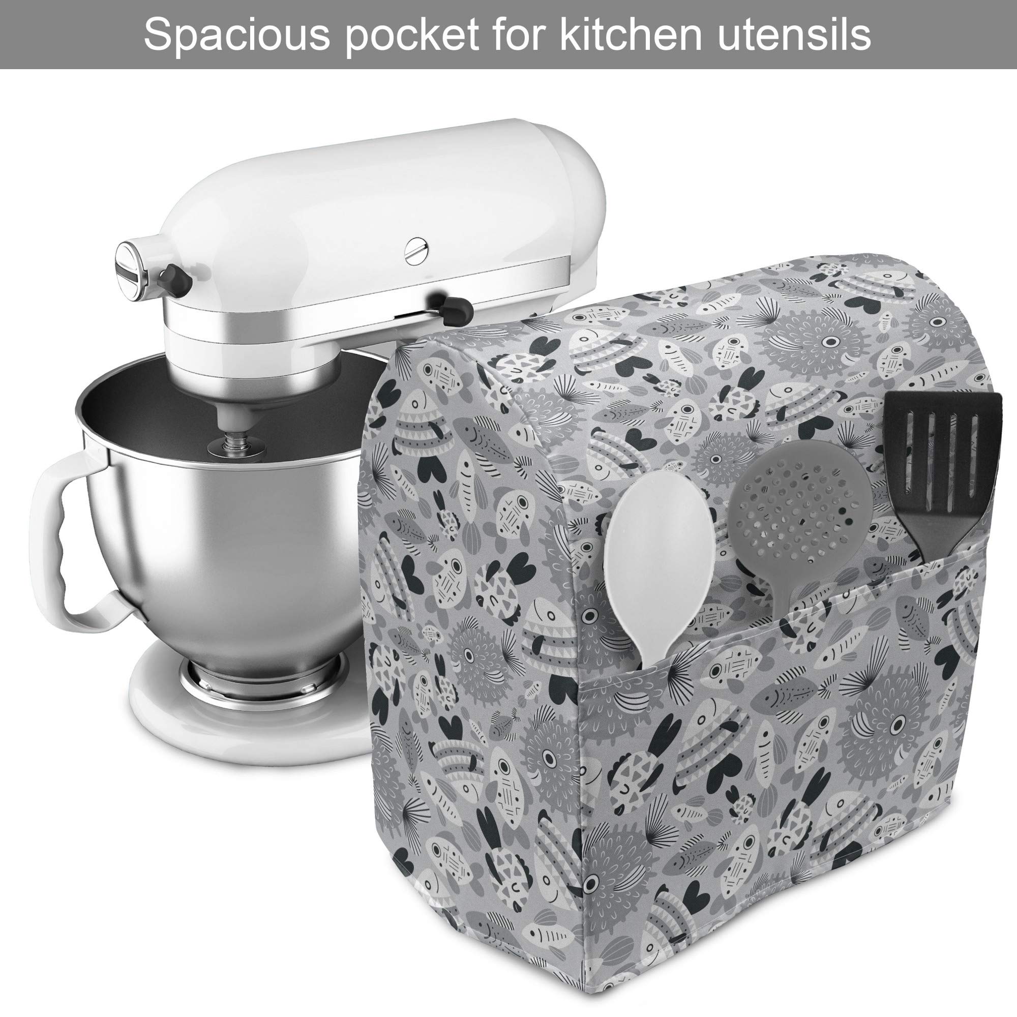 Ambesonne Stand Mixer Cover - Sea Fishes Ocean Bubbles Grey Cartoon Design, 6-8 Quart Kitchen Appliance Organizer with Pocket, Pearl & Pale Grey | Perfect for Kitchen Organization & Mixer Protection