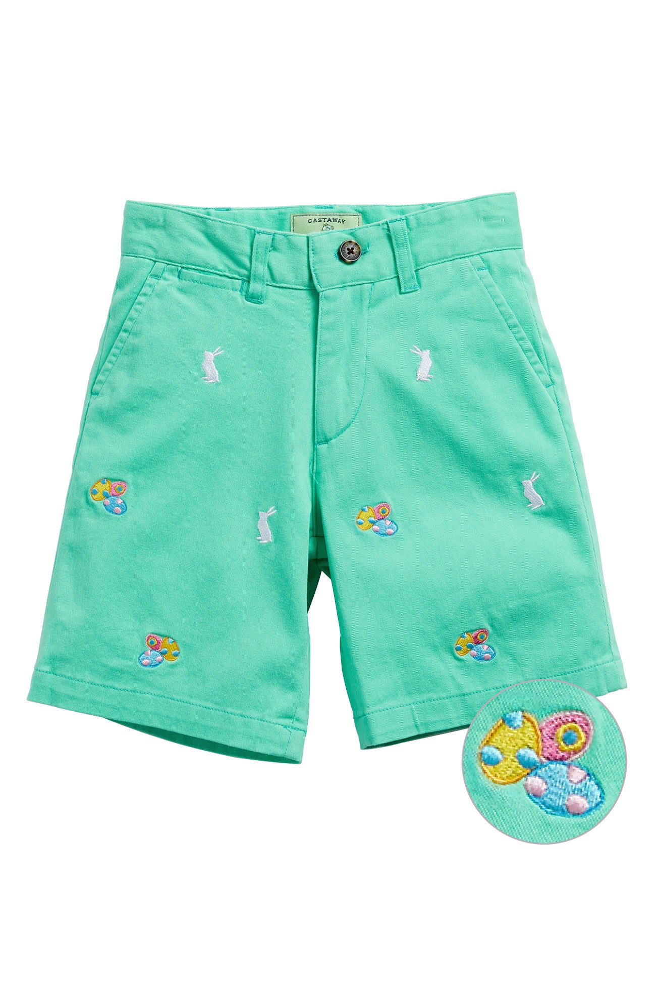 Jetties Short Stretch Twill Spring Green with Easter Eggs & Bunny - Comfortable Casual Shorts for Women, Perfect for Easter Outfits, Spring Picnics, and Summer Vacations
