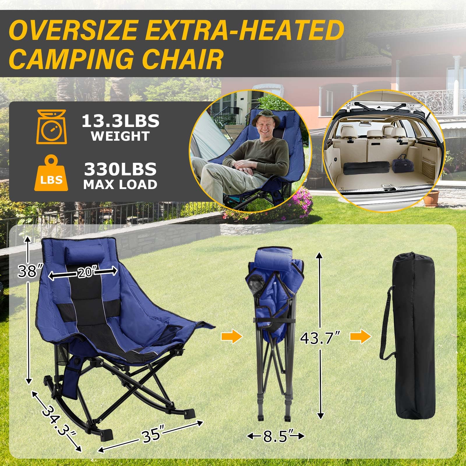 XL Heated Camping Chair with 3-Level Adjustable Heating for Back & Seat - Oversized Portable Outdoor Folding Rocking Chair for Camping, Backyard, Fishing & Winter Sports - Heavy Duty Lawn Chair with Heating