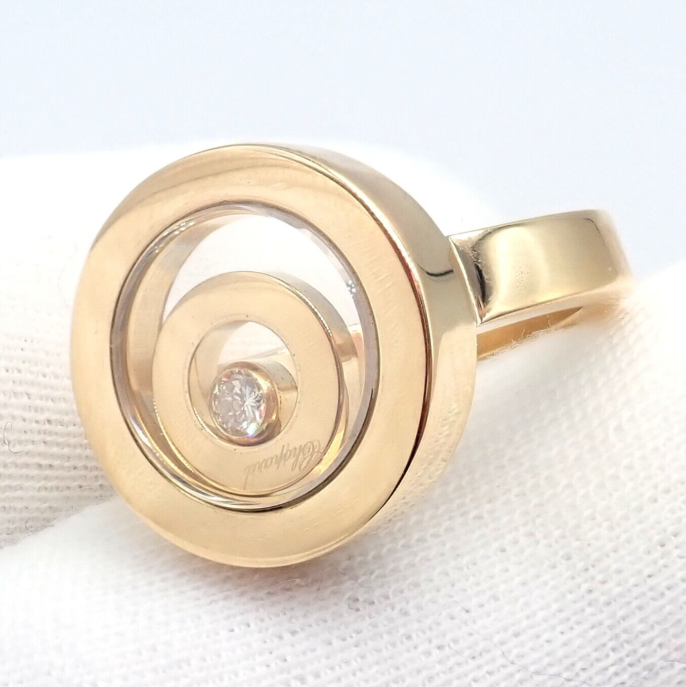 Authentic Chopard 18k Yellow Gold Diamond Double Circle Happy Spirit Ring - Luxury Jewelry for Women, Elegant Gift for Anniversary & Special Occasions