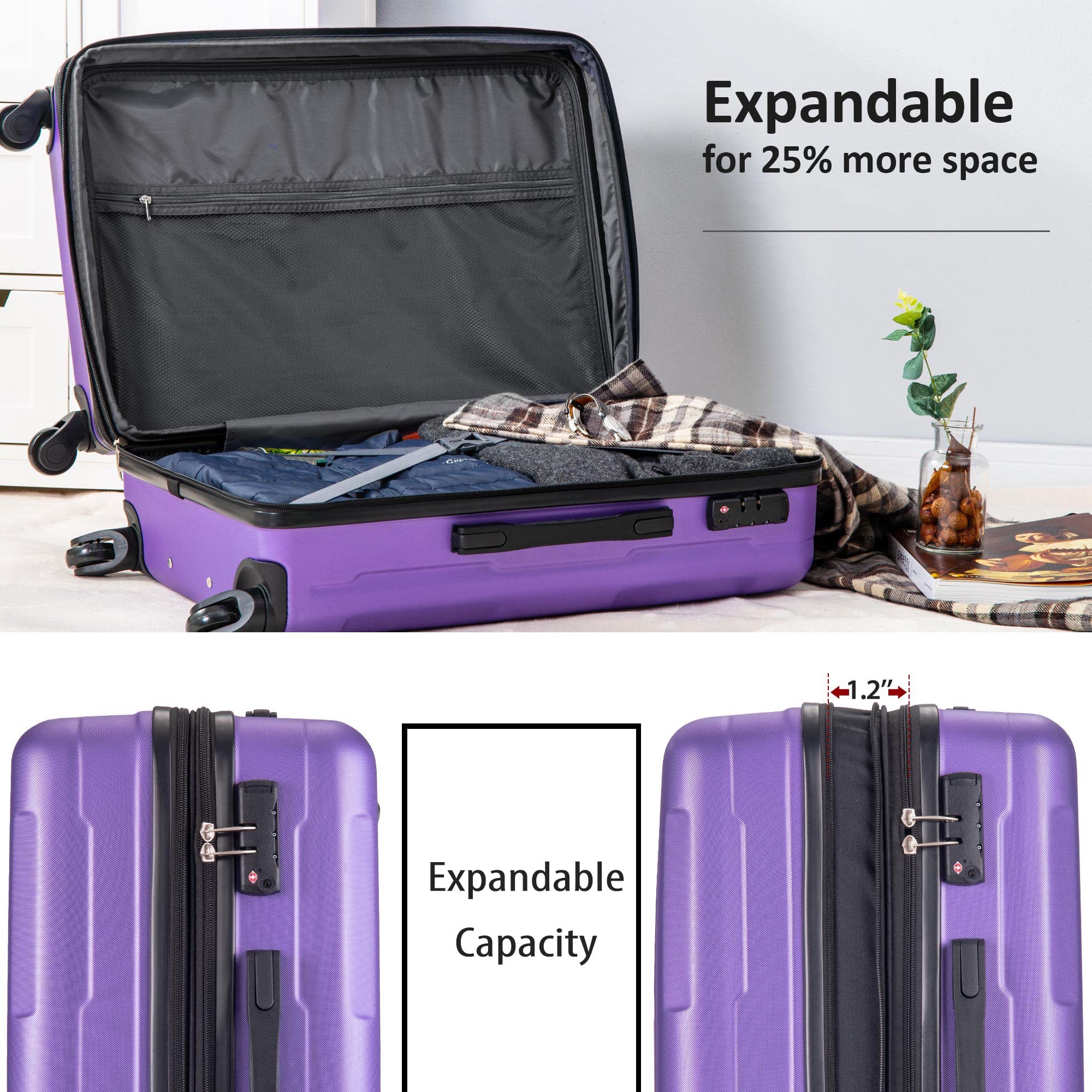 Merax Expandable Spinner Wheels 2-Piece Lightweight ABS Luggage Set with TSA Lock (20+24 Inch) - Purple Black | Perfect for Air Travel & Business Trips