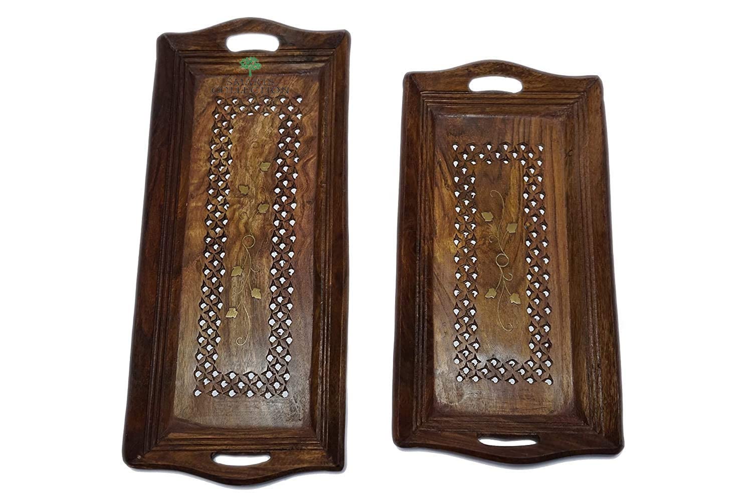 SMARTS COLLECTION Hand Carved Wooden Serving Tray Set of 2 - Decorative Tea Coffee Snack Platter for Home Kitchen Table Decor - Perfect for Afternoon Tea, Breakfast in Bed & Entertaining Guests