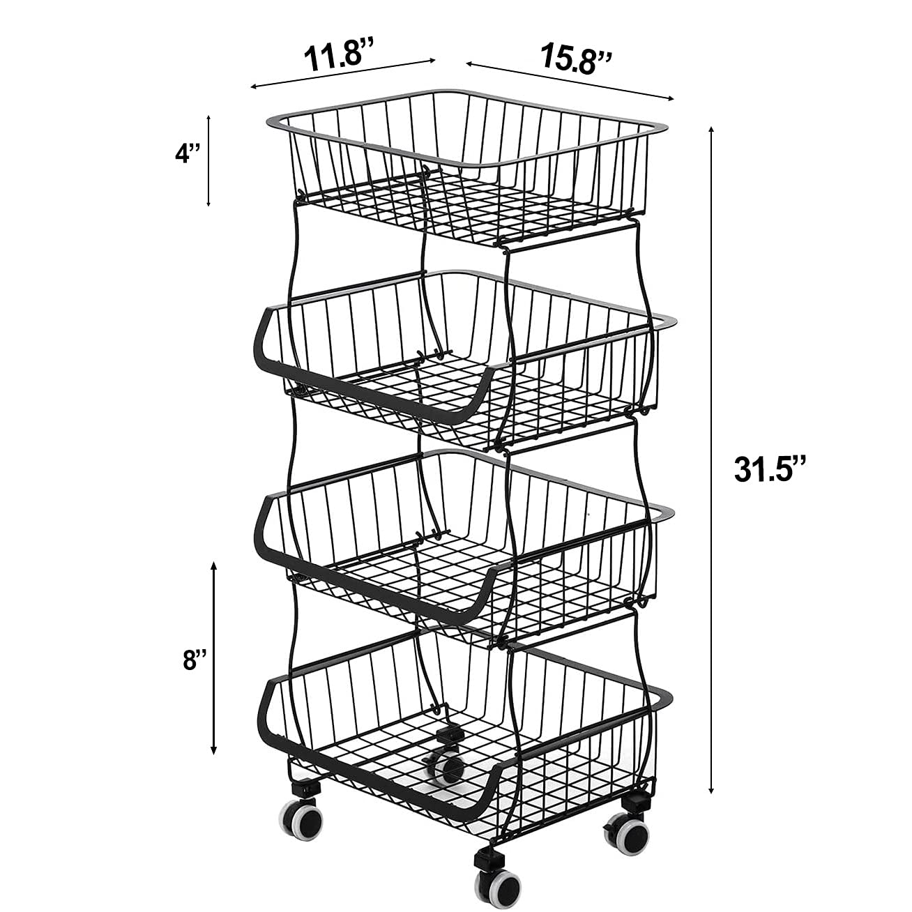 Stainless Steel Rolling Stackable Wire Baskets - 4 Tier Metal Storage Organizer with Wheels for Kitchen Pantry, Bathroom & Office | Perfect for Snacks, Toiletries & Office Supplies Organization