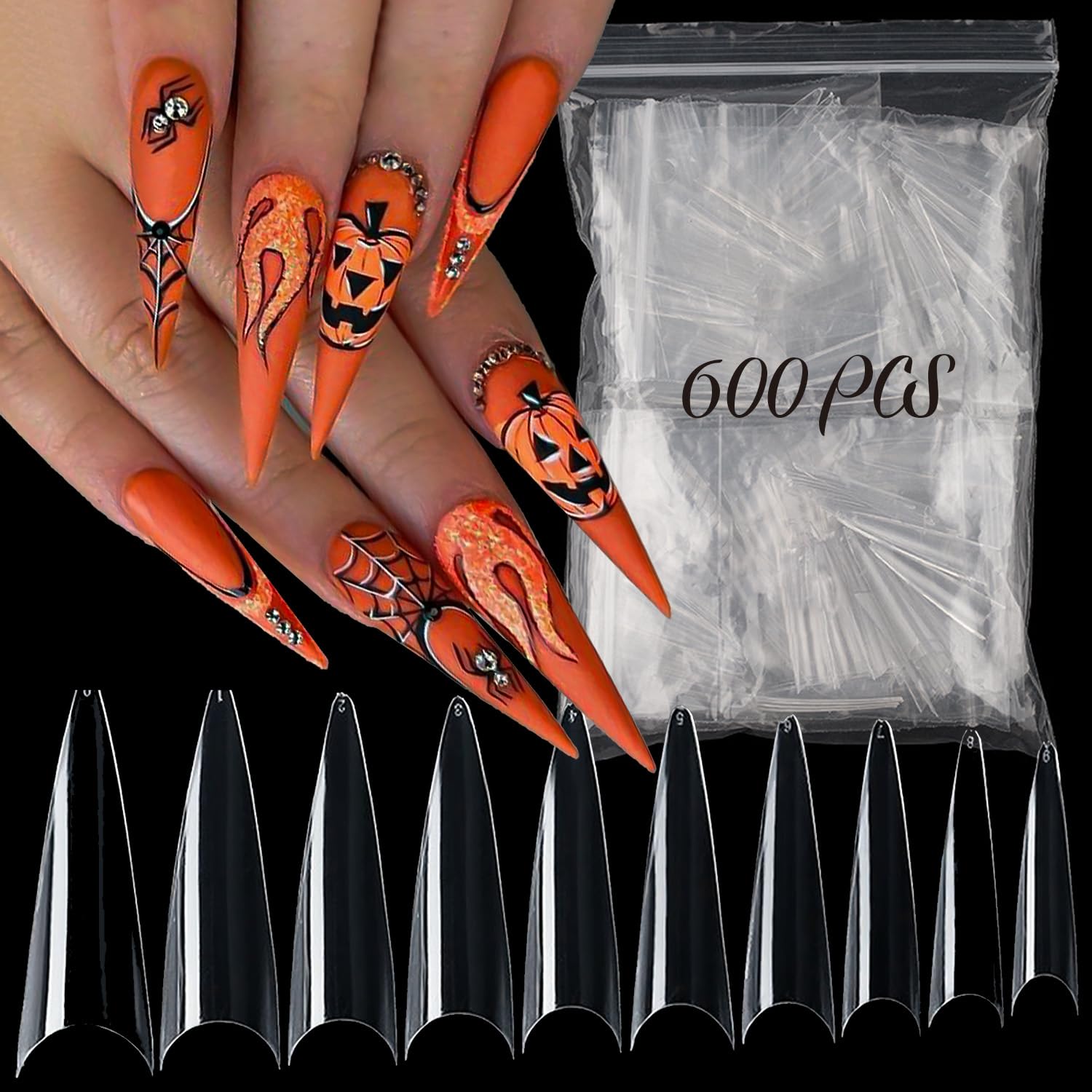 600 Pcs Clear Acrylic Nail Tips - Professional Long Fake Nails for Halloween & DIY Designs - 10 Sizes Almond Shape Artificial Nail Extension Kit - Perfect for Nail Salon & Home Manicure Use