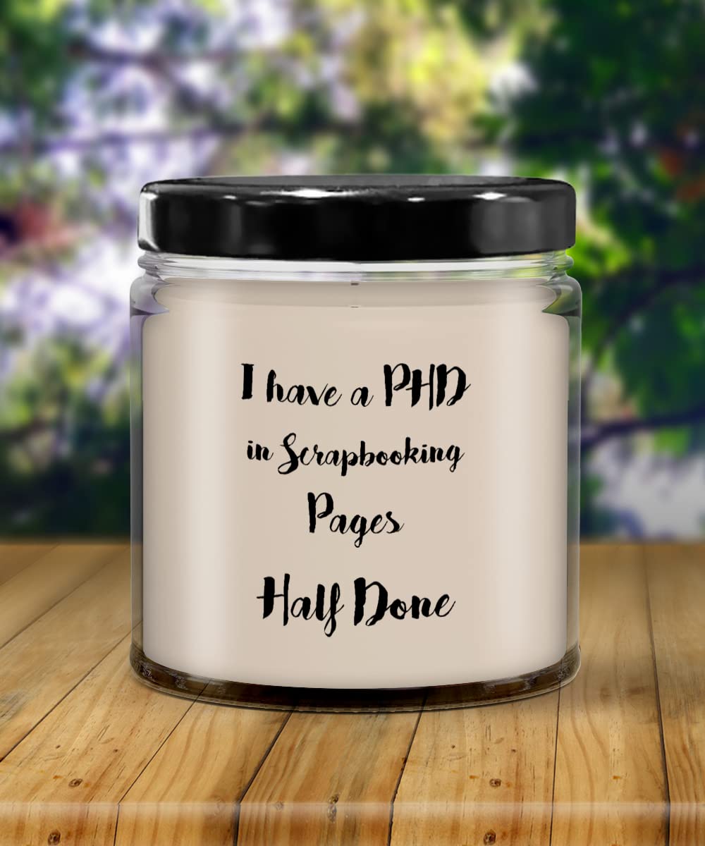 PhD in Scrapbooking Scented Candle Gift - 9oz Vanilla Jar Candle with Lid for Men & Women - Perfect for Relaxation, Crafting & Home Decor