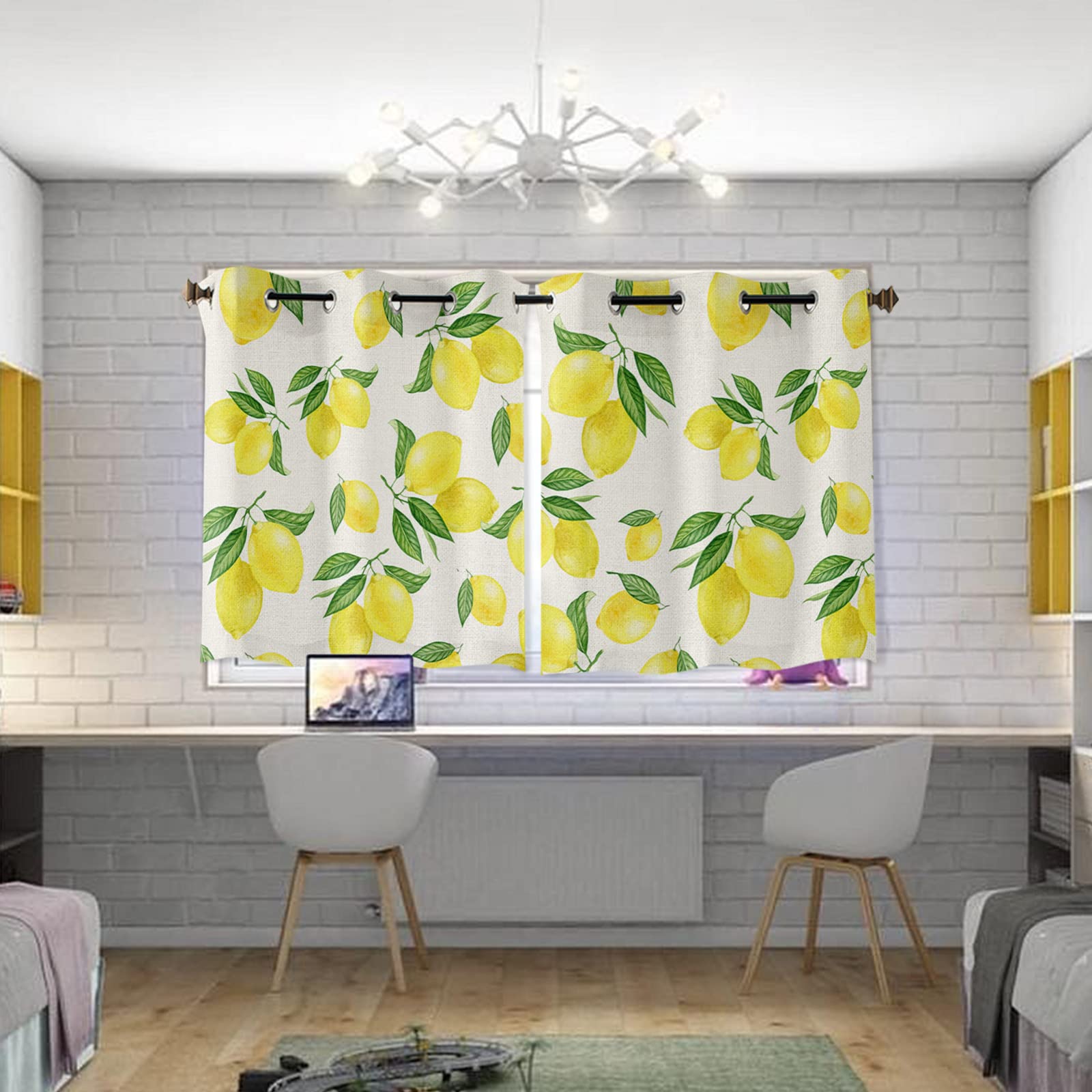 Lemon Leaves Window Curtains 45 Inches - Summer Yellow Green Fruit Burlap Grommet Kitchen Cafe Curtains (Set of 2 Panels) - Light Filtering Window Treatments for Living Room, Bedroom, Laundry Room (84x45 Inches) - Perfect for Farmhouse, Cottage & Boho Home Decor