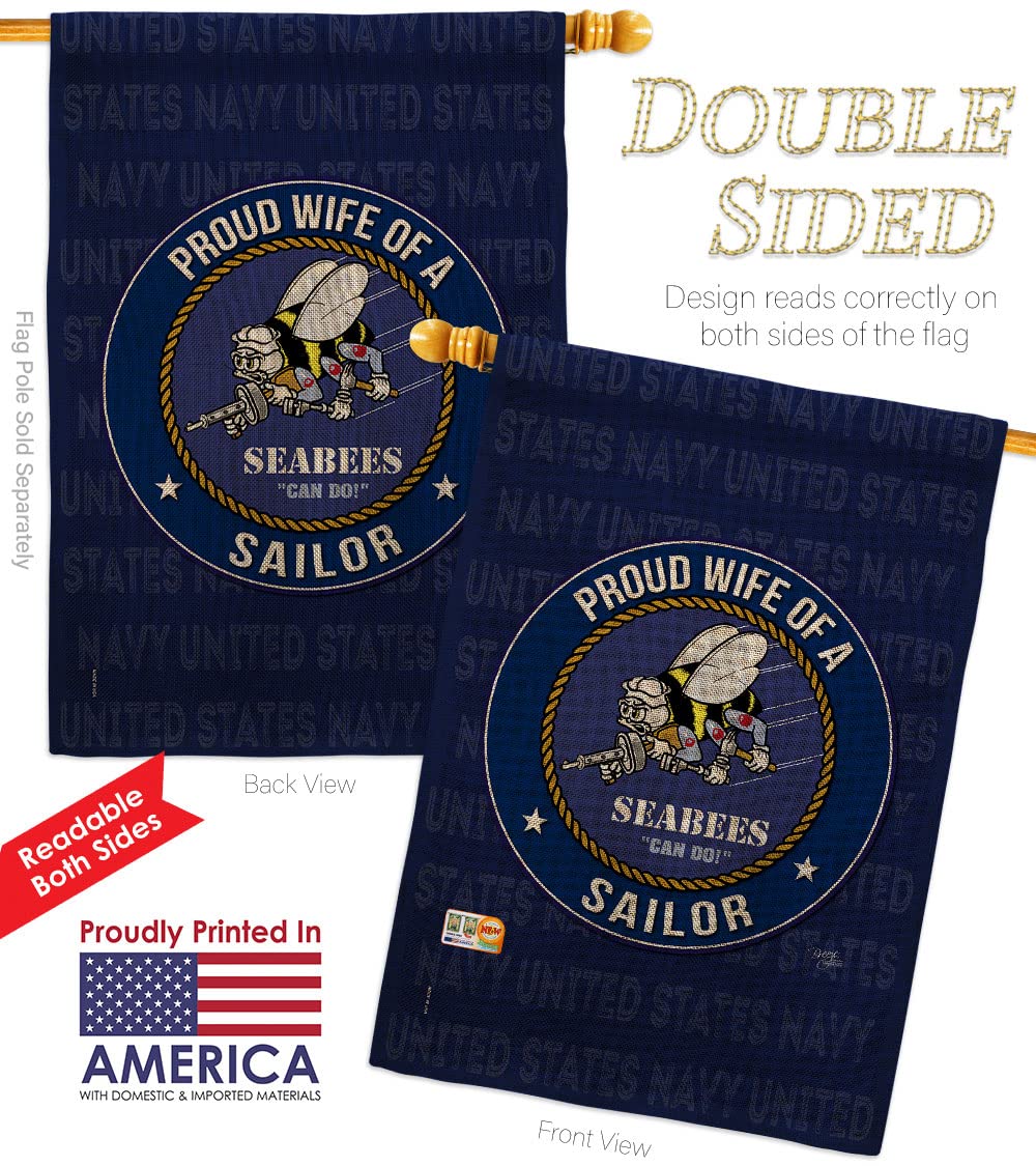 Double-Sided USA Made Seabees Navy Garden Flag Kit - 28x40 Inch Armed Forces Military Veteran Yard Banner, Proud Wife Sailor Burlap House Flag, USN Seabee Retiree Official Small Gift - Perfect for Patriotic Home Decor, Front Yard Display & Military Appreciation Events