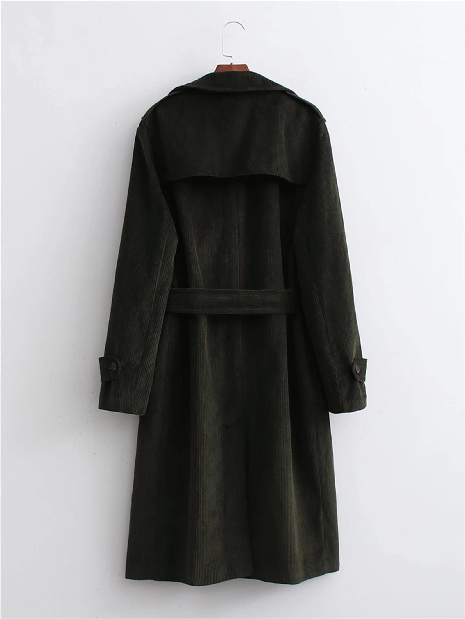 Women's Black Corduroy Trench Coat with Turn-Down Collar & Sash - Winter Fashion Casual Outerwear for Work, Date Night & Fall Season