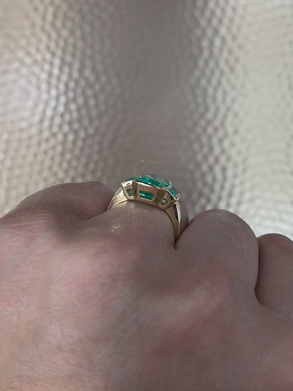 5.13tcw Three Stone Muzo Colombian Emerald 18K Yellow Gold Ring - Elegant Jewelry for Weddings, Anniversaries & Special Occasions