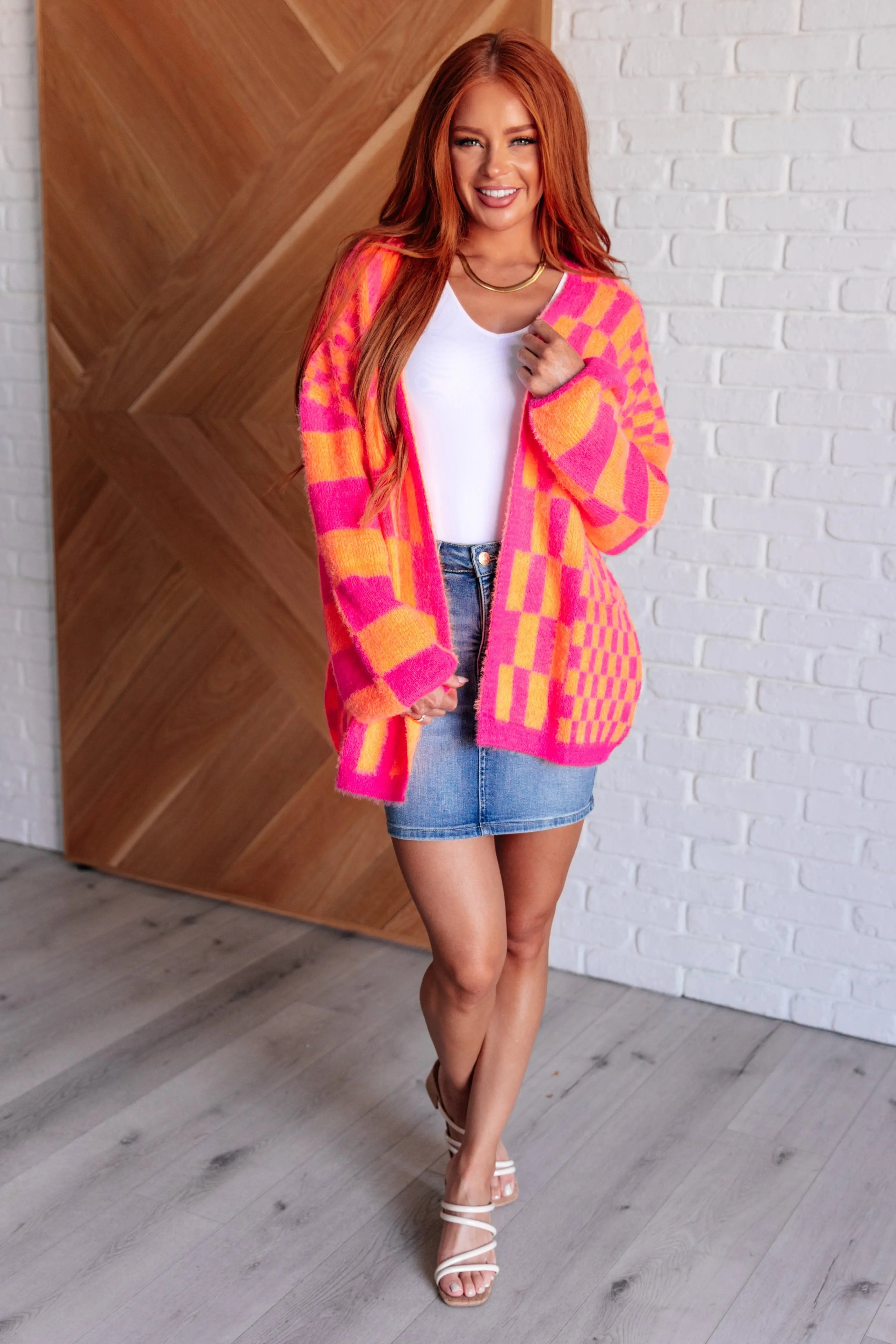 Trendy Pink and Orange Neon Checkered Cardigan for Women - Stylish Retro 90s Vintage Knit Sweater - Perfect for Casual Outfits, Streetwear Fashion, and Instagram Photos