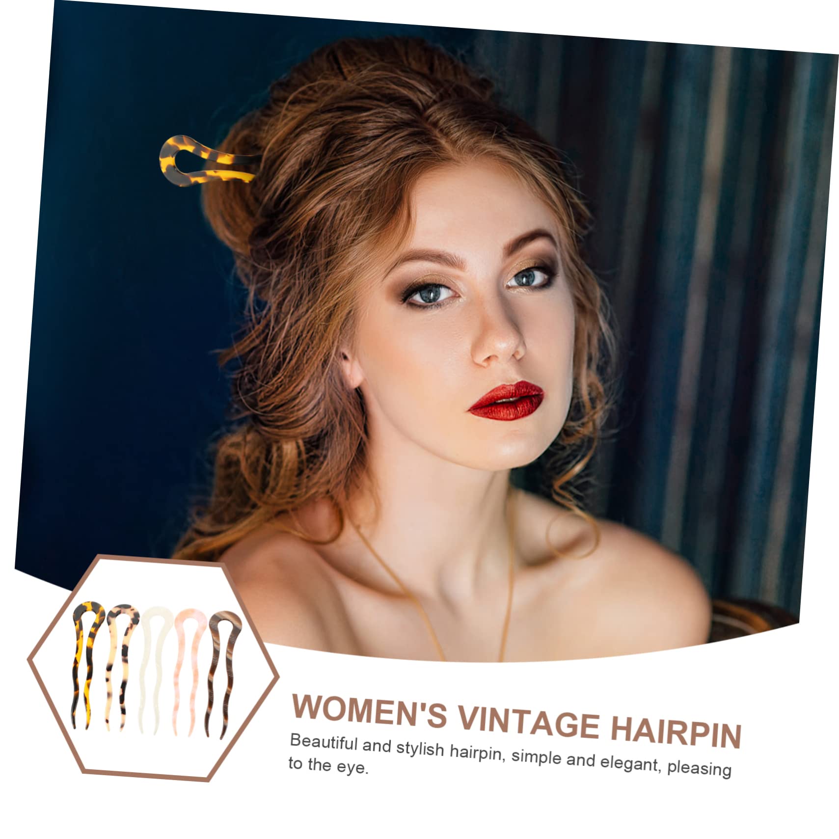Lurrose Women's Hair Clips 5-Pack U-Shape Hair Sticks - French Style Cellulose Acetate Tortoise Shell Hair Pins for Women, Ladies & Bridal Hairstyles - Perfect for Weddings, Parties & Everyday Elegant Looks