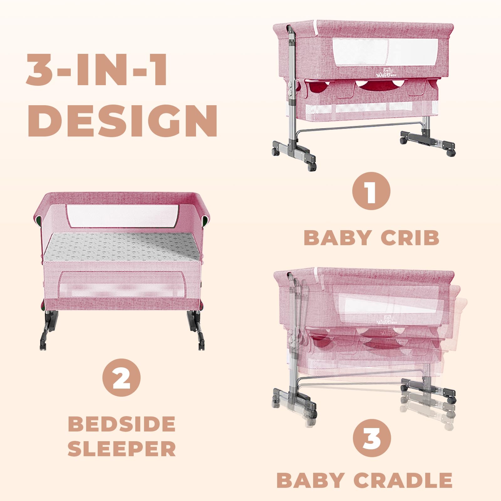 Napfox Portable Baby Bassinet - Adjustable Bedside Sleeper with Mosquito Net, Storage Bag & Lockable Wheels | Foldable Infant Bed for Newborns | Nursery, Travel & Co-Sleeping Solution (Pink)