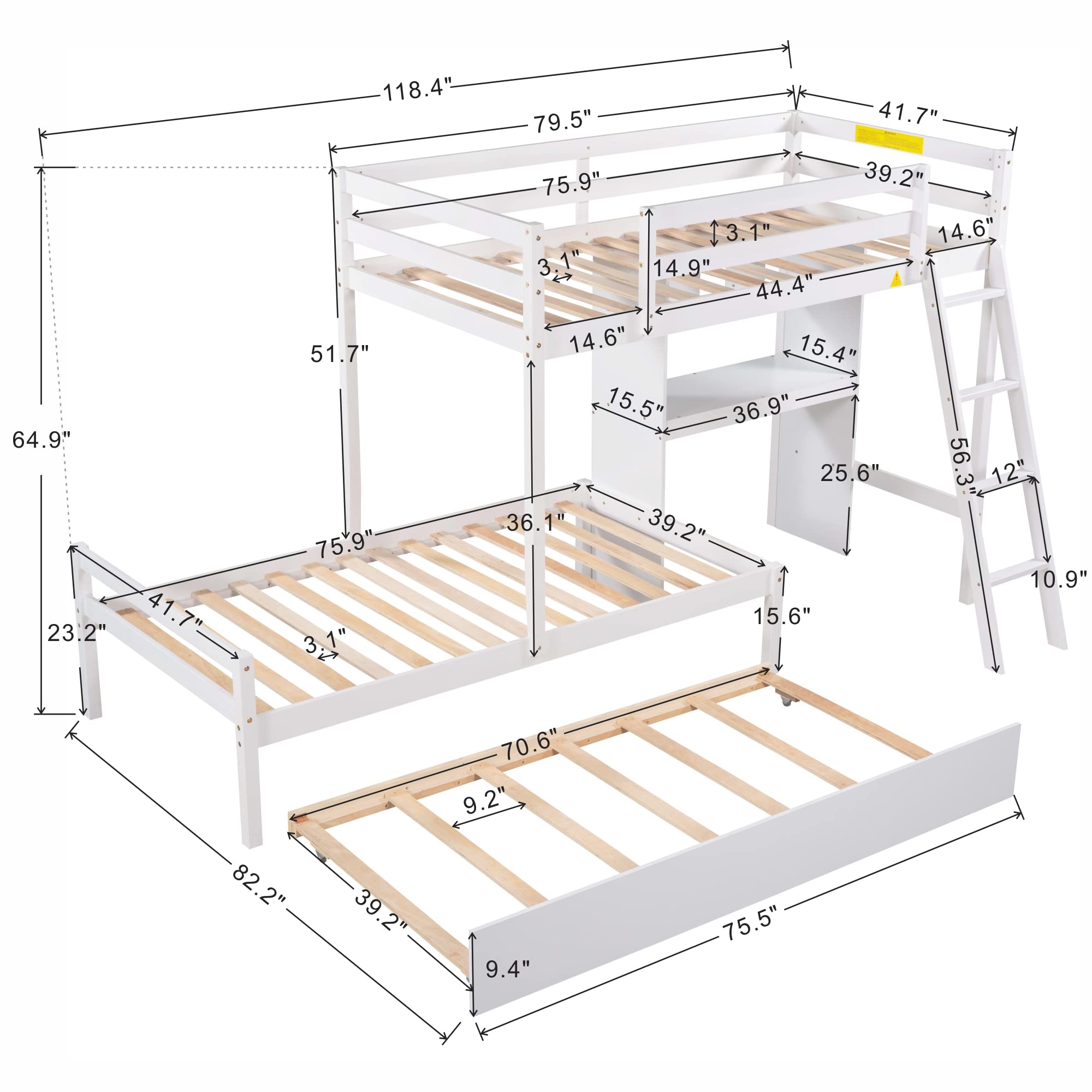 Convertible Twin Over Twin Wooden Bunk Bed with Built-in Desk, Bookshelves & Trundle - 3-in-1 Space Saving Design (White) - Perfect for Kids' Bedroom, Guest Room & Small Spaces