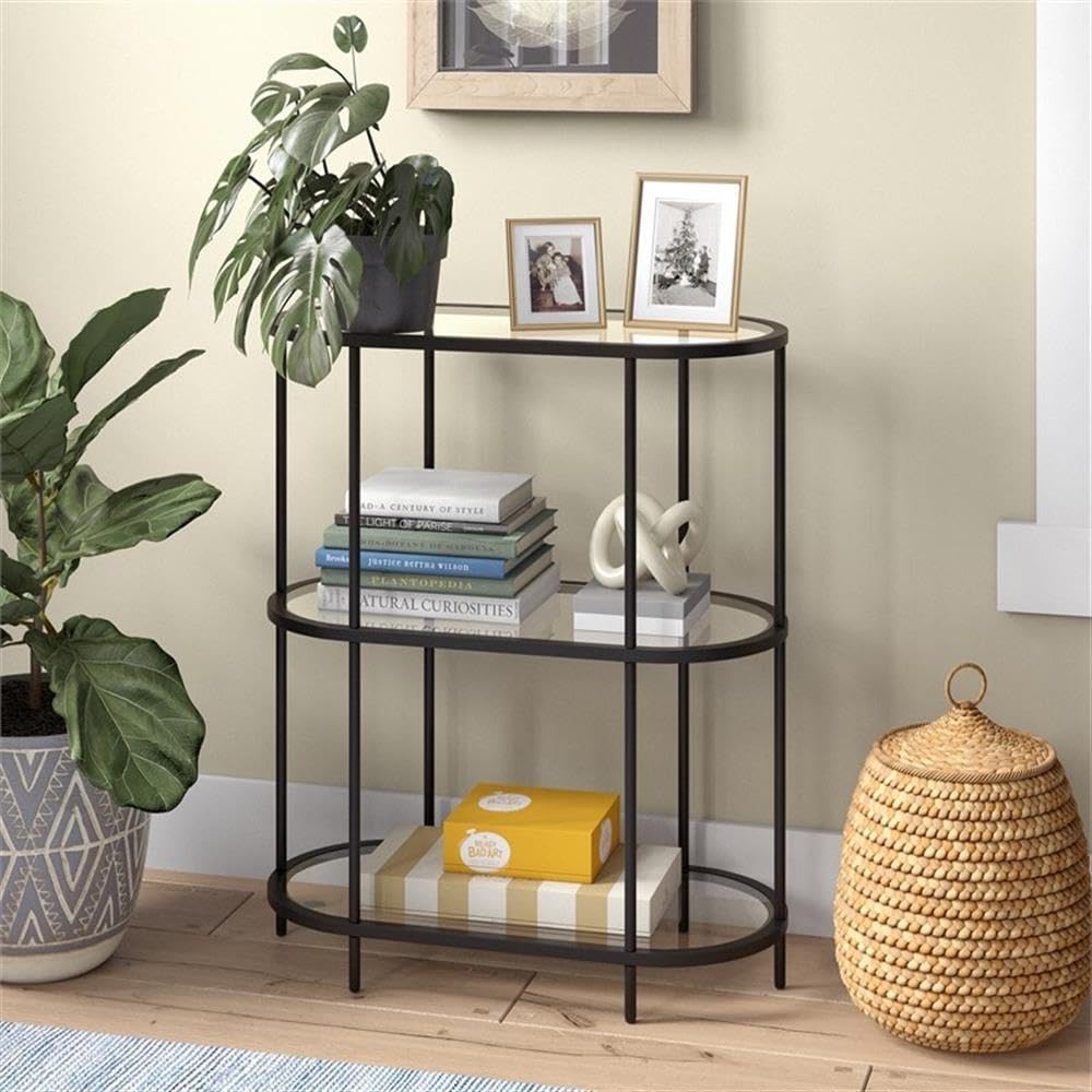 Vintage Mid-Century Modern Metal Bookcase with 5 Glass Shelves - Black Bronze Finish for Living Room, Office & Library Storage