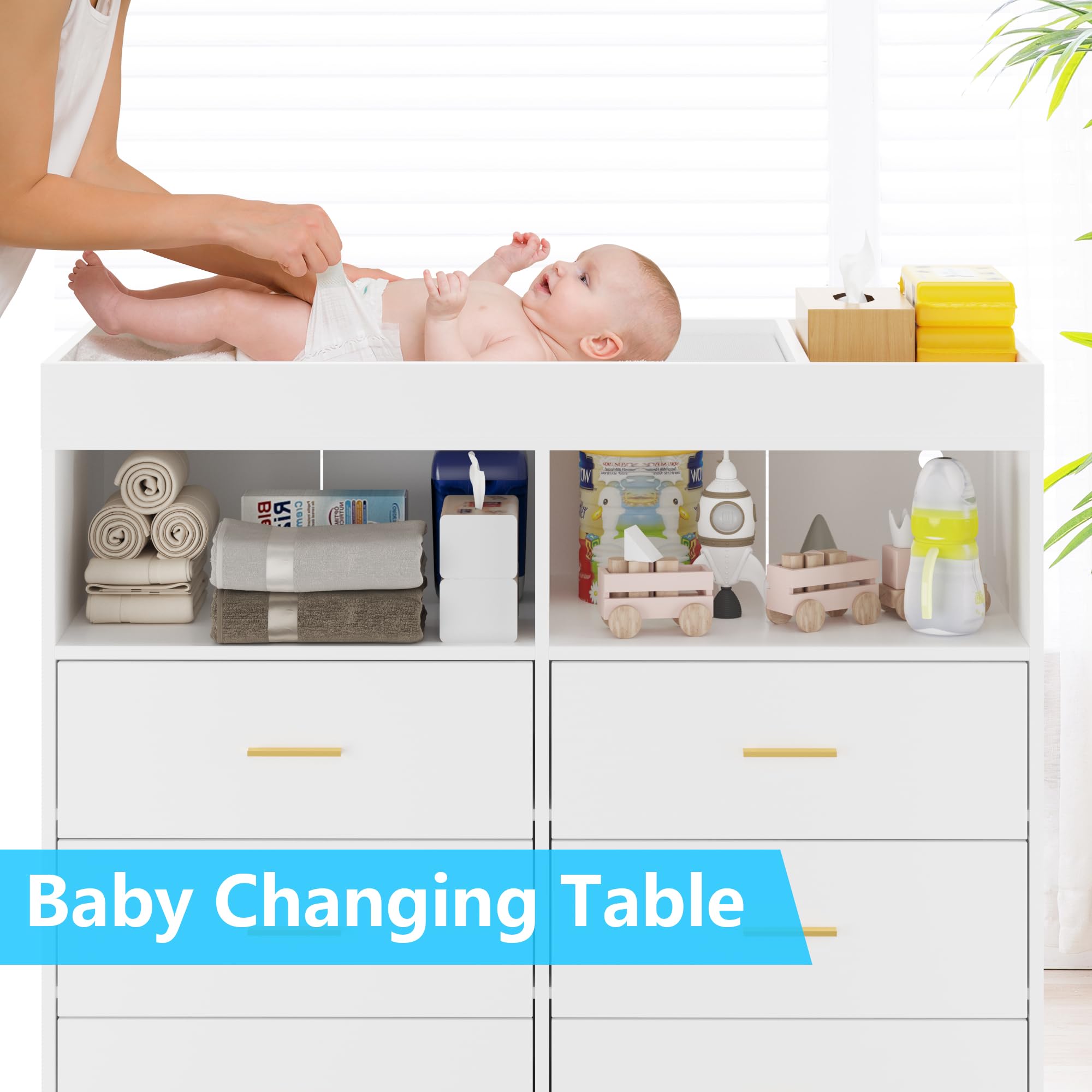 Baby Changing Table Dresser with LED Lights & Power Outlet - 6 Storage Drawers Nursery Organizer for Infants & Newborn - White Changing Station for Diapers, Clothes & Baby Essentials - Perfect for Nursery, Bedroom & Baby Shower Gifts