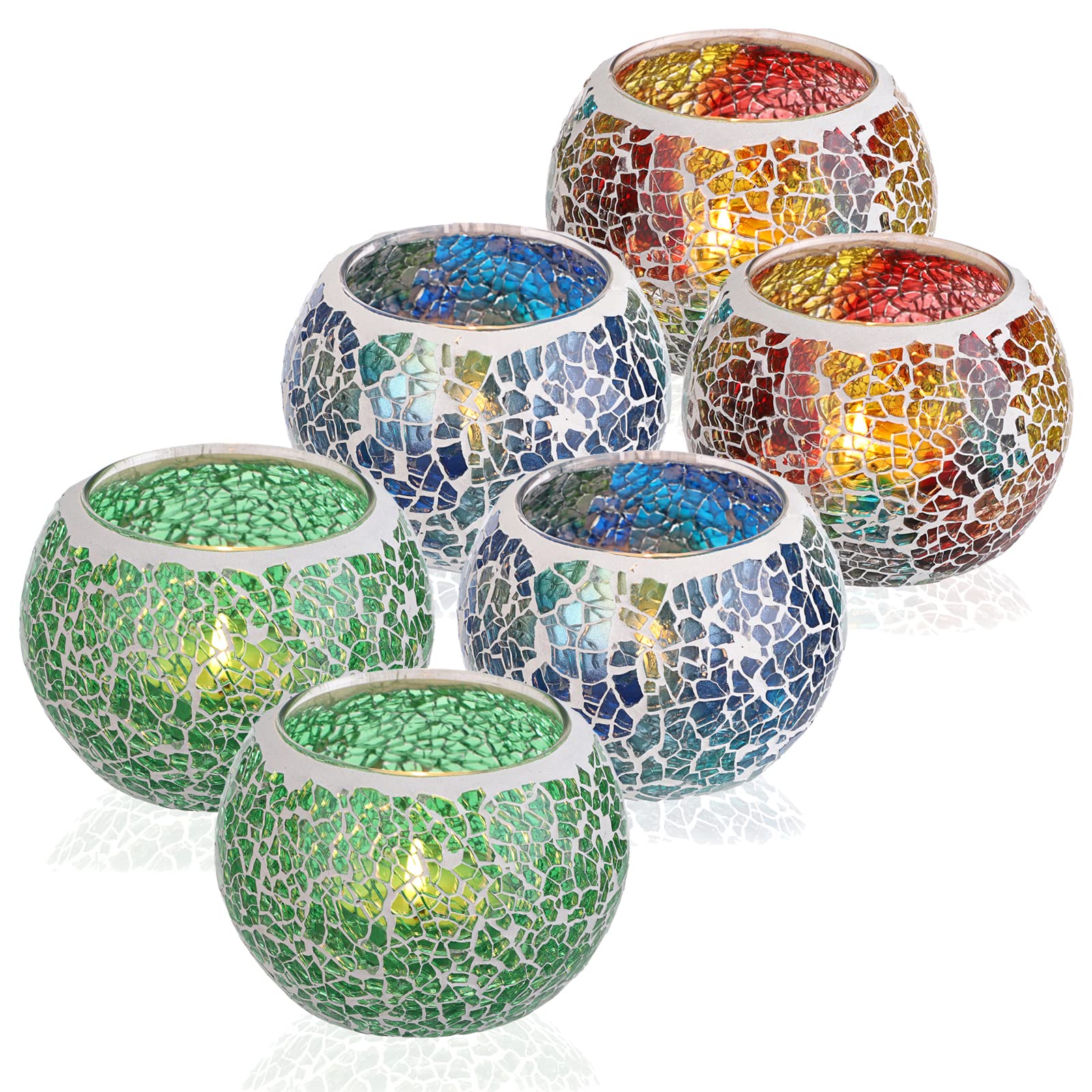 6PCS Mosaic Glass Tealight Holders - Round Votive Candle Holders & Small Plant Bowls - Colorful Glass Candle Stands for Table Centerpieces, Home Decor, Wedding & Party Decorations