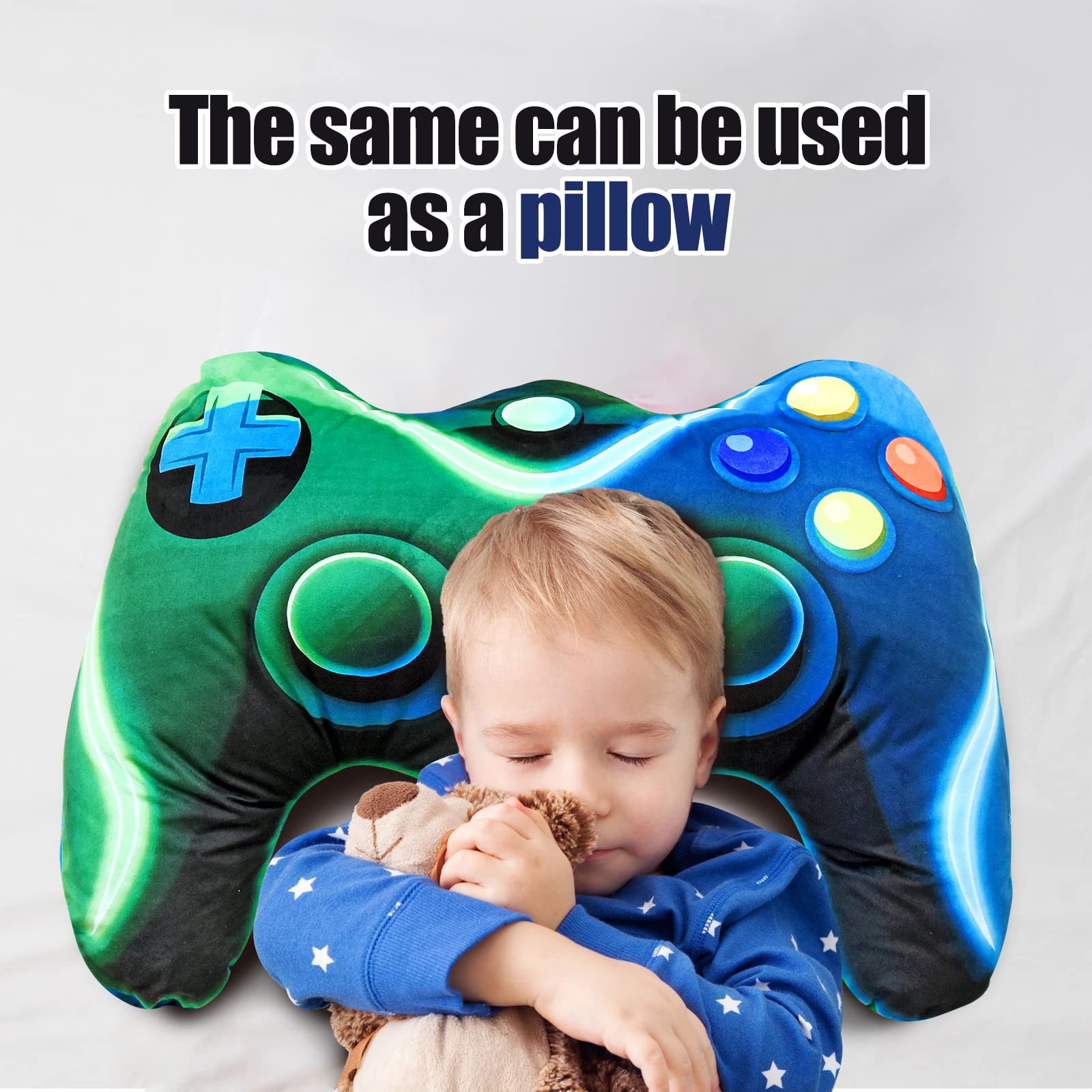 Gaming Plush Throw Pillow - Controller Shaped Cushion for Boys & Girls | Gamer Room Decor, Sofa, Bed, Computer Chair Accessory | Perfect Gift for Teen Gamers (Blue Green, Large) - Ideal for Gaming Rooms, Sleepovers & Esports Themed Parties