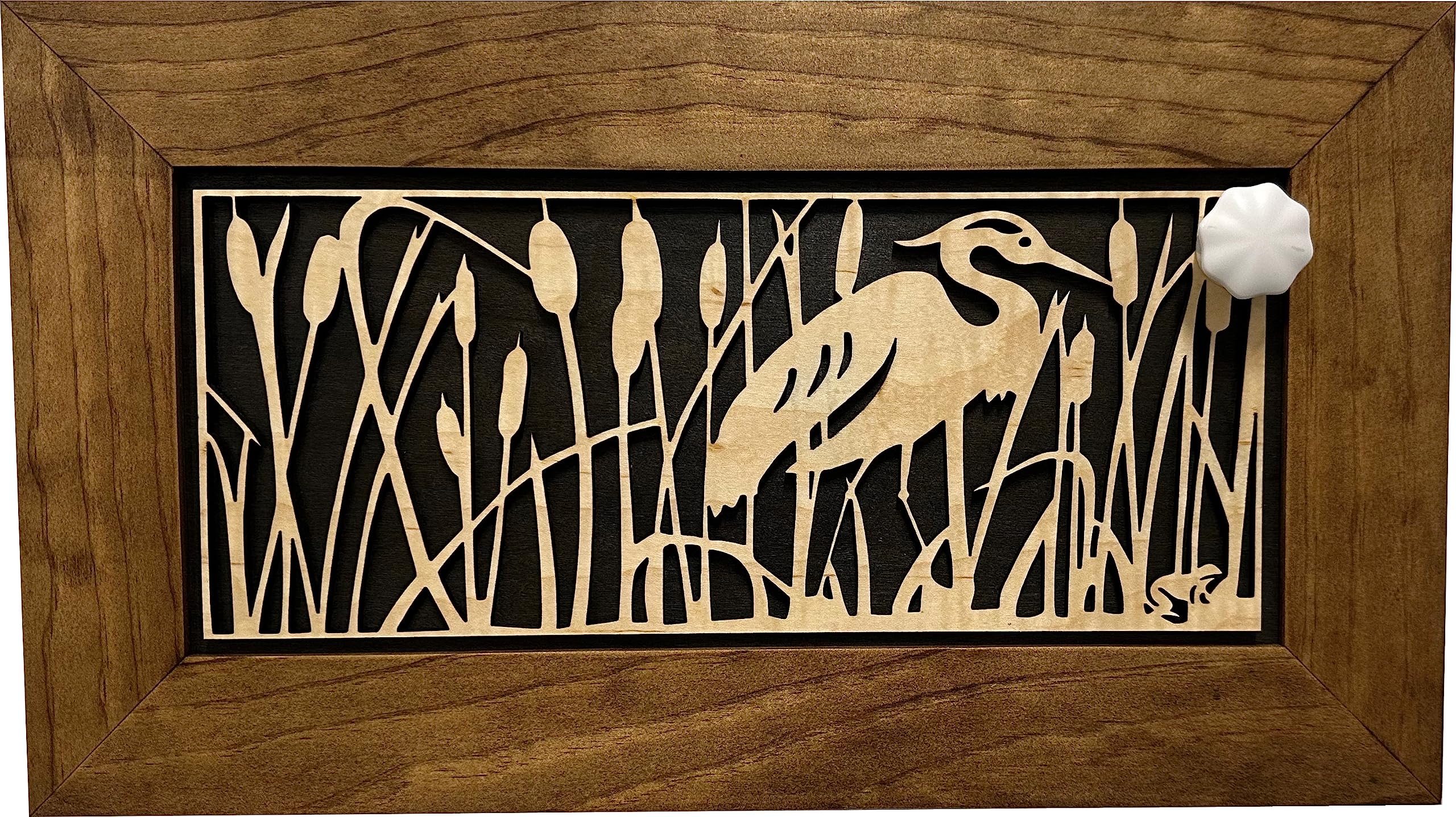 Hidden Gun Storage Cabinet with Heron in Cattails - Wall Mounted Concealed Gun Safe for Secure Firearm Storage by Bellewood Designs | Perfect for Home, Office & Cabin Security