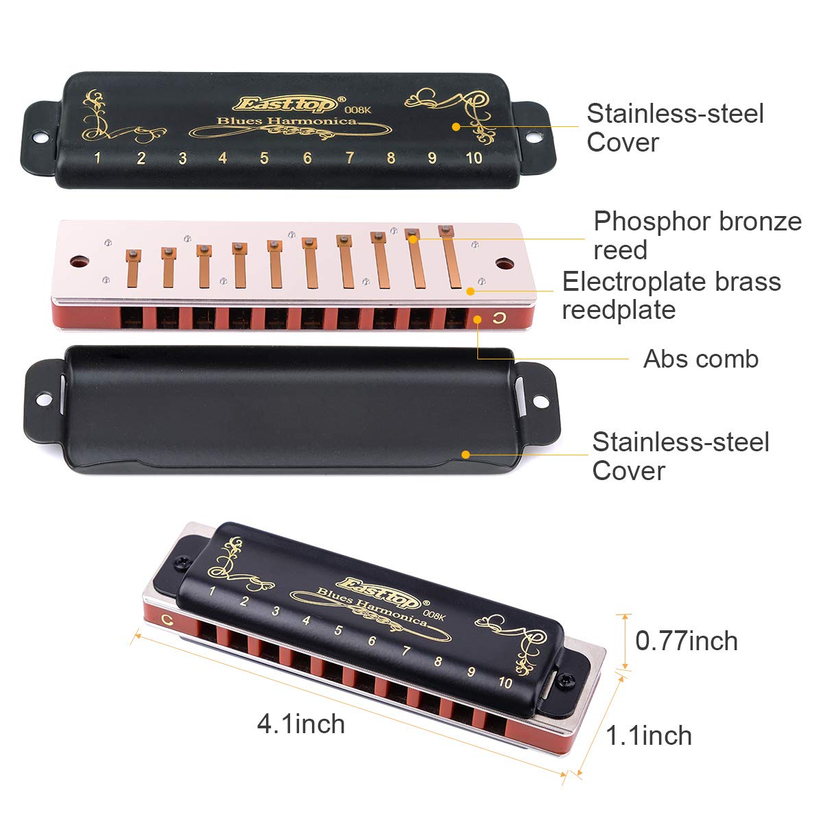 Easttop Professional 10 Hole 20 Tone Harmonica Set - 7 Keys (A,B,C,D,E,F,G) with Protective Case, Cleaning Cloth - Perfect for Adults, Beginners & Professional Players - Durable Black Design for Live Performances, Studio Recording & Music Practice