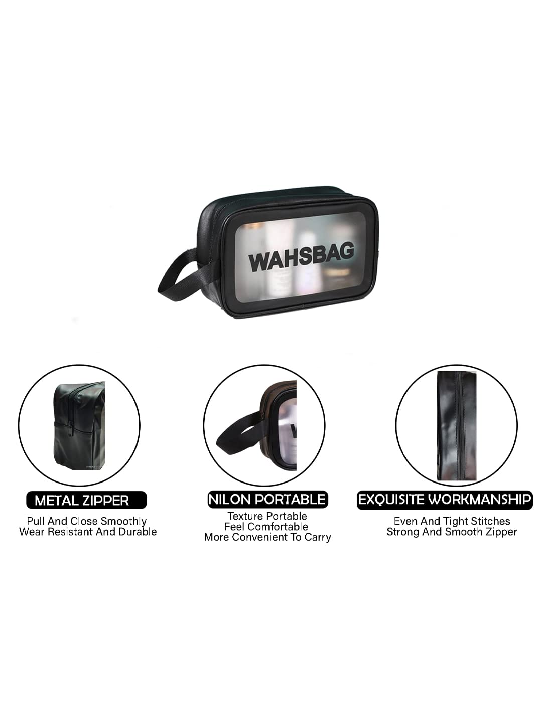 Amso Waterproof PVC Cosmetic Bag - Travel Makeup & Toiletry Organizer for Brushes, Cosmetics & Accessories | Portable Zippered Carry Pouch for Home & Vacation (Black, Medium Size) | Perfect for Daily Use, Gym, Business Trips & Weekend Getaways
