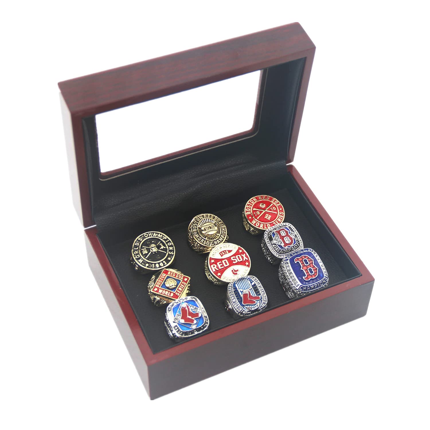 Valman Red Sox 9-Time World Champions Rings Set with Wooden Box - Boston Championship Ring Gift for Men, Women, Kids & Fathers - Perfect for Baseball Fans, Sports Collectors & Anniversary Gifts