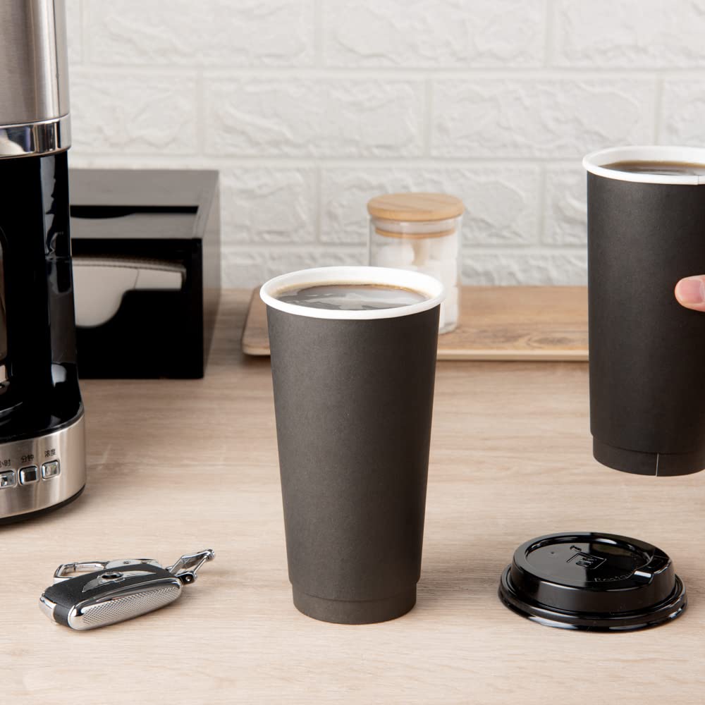 20oz Disposable Coffee Cups - 250 Pack Insulated Double Wall Paper Cups, Leakproof Black Hot Beverage Cups with Rolled Rim for Coffee, Tea, Hot Chocolate - Perfect for Restaurants, Cafes, Office Breakrooms & Catering Events
