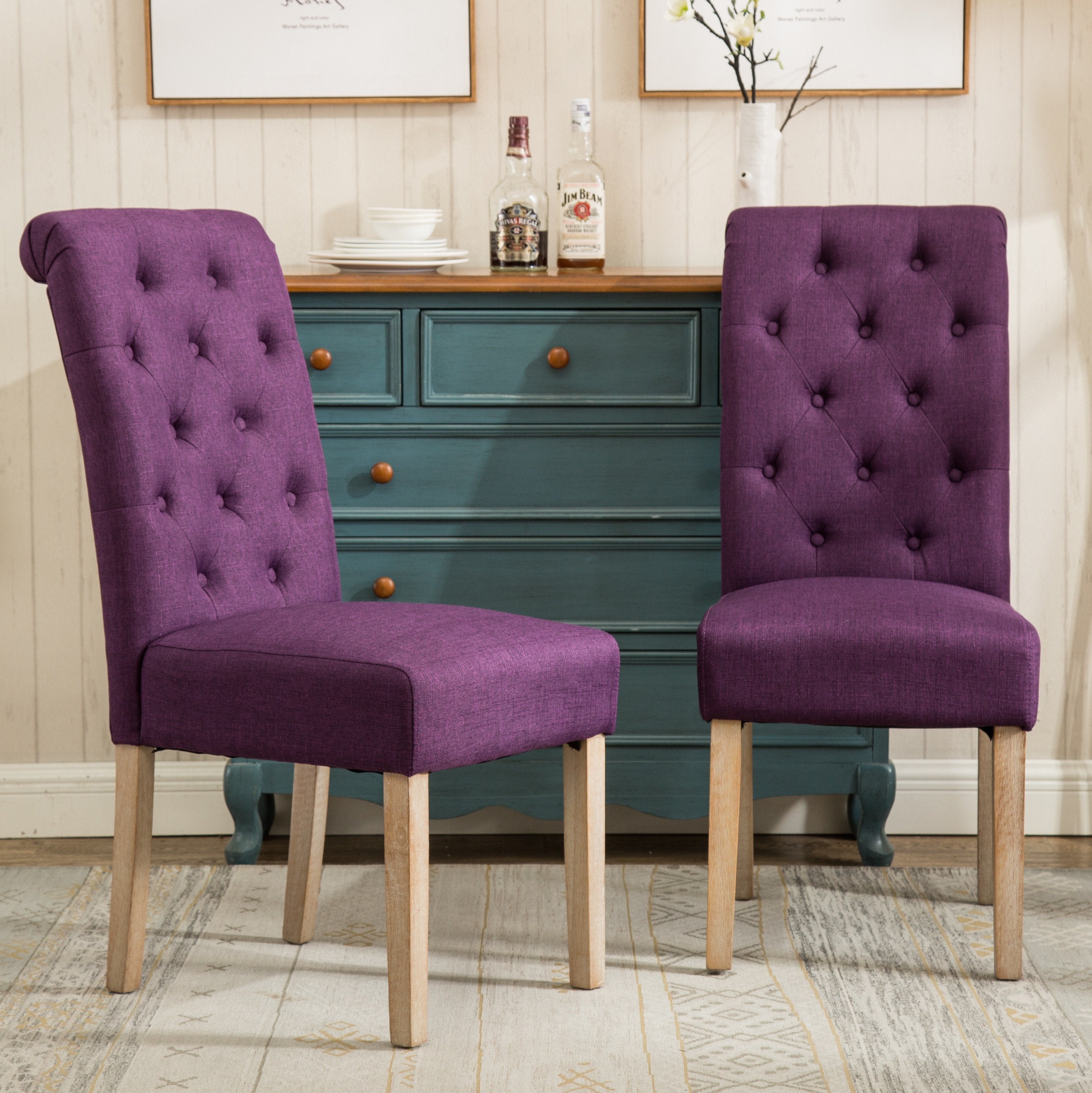 Roundhill Furniture Habit Solid Wood Tufted Parsons Dining Chair - Set of 2, Purple Upholstery, Modern Kitchen & Dining Room Furniture for Home Decor