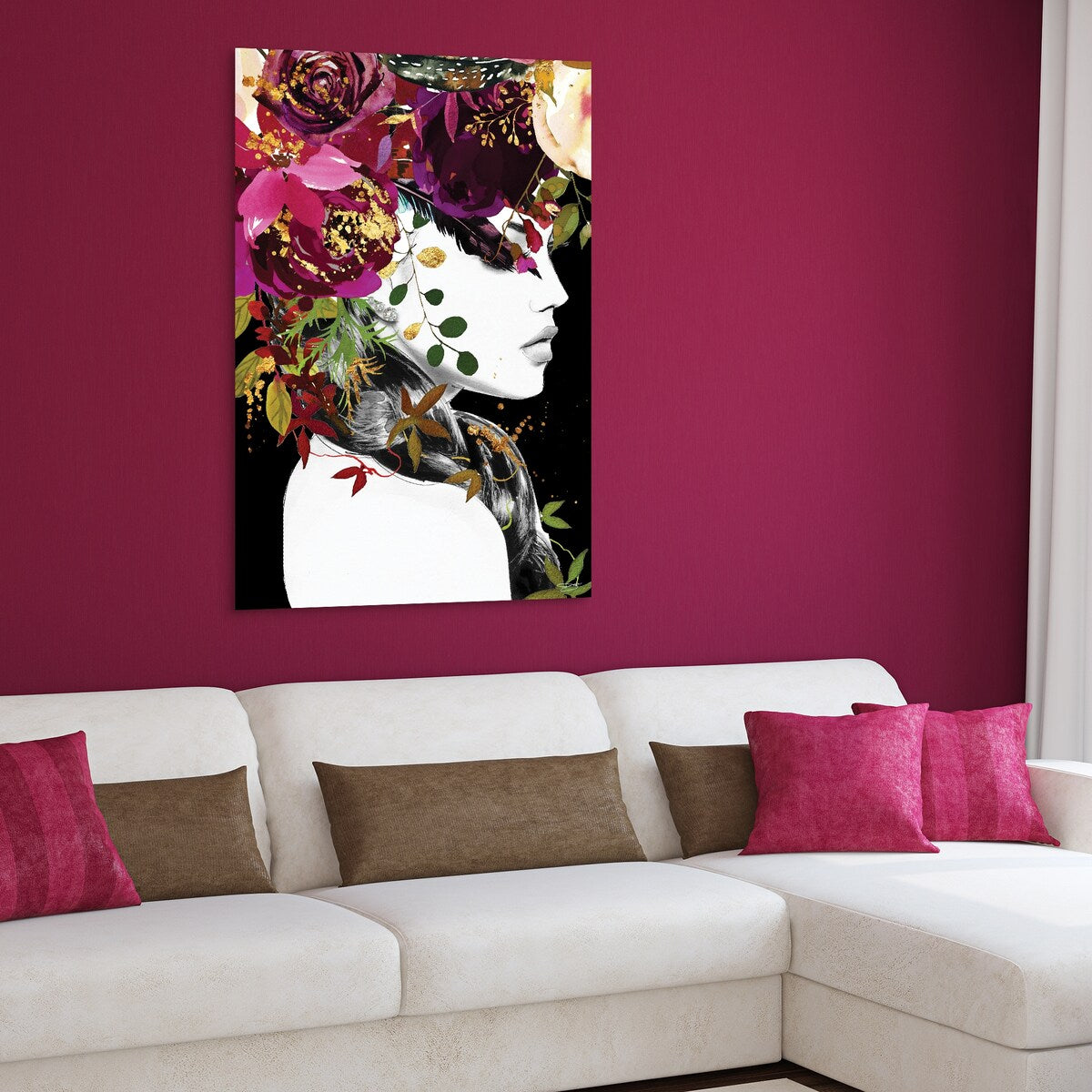 Floating Glass Wall Art 24x24 Inch - Frameless Tempered Glass Panel with Floral & Female Silhouette Design - Modern Home Decor for Living Room, Bedroom, Office