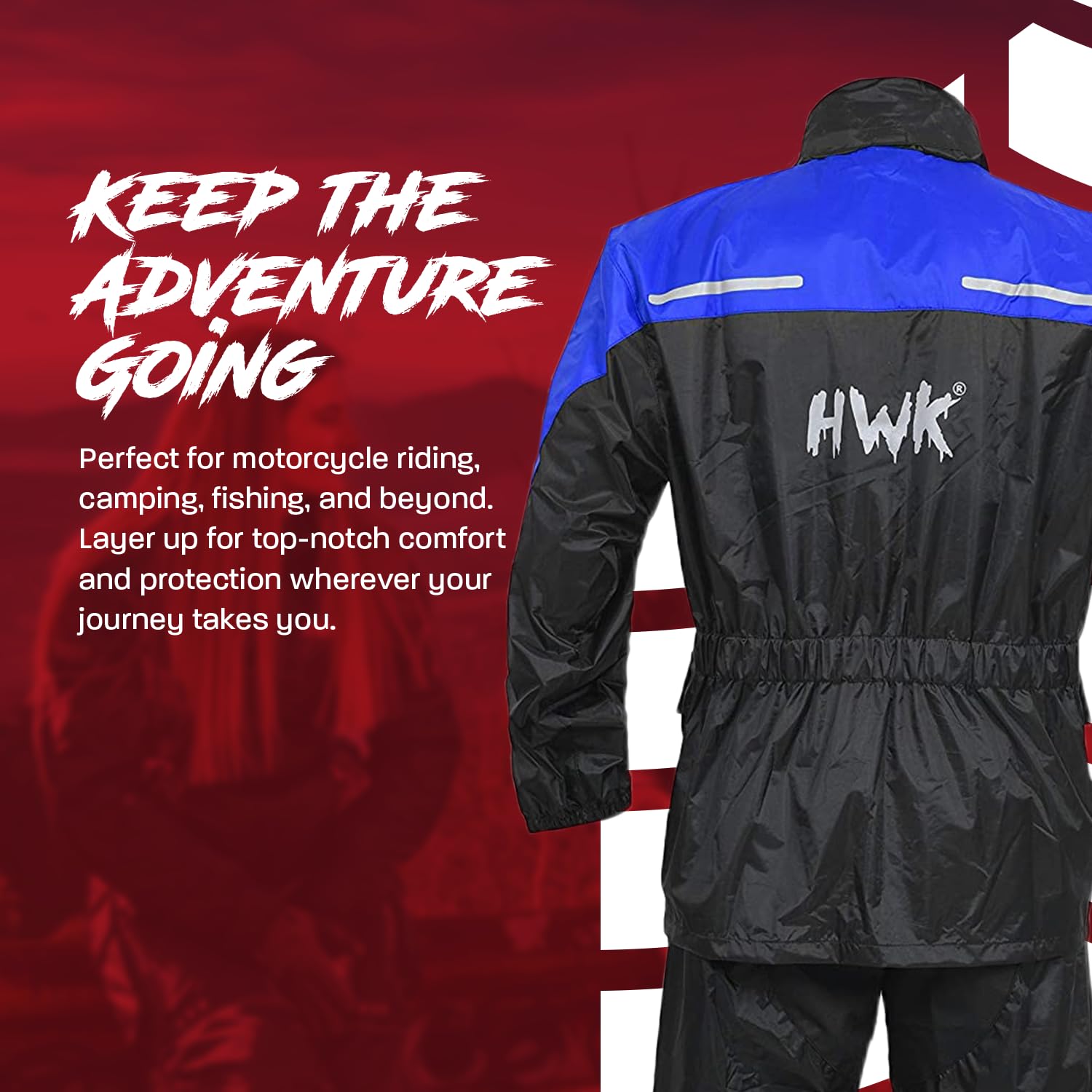 HWK Motorcycle Rain Suit for Men & Women - Waterproof 2-Piece Riding Gear with Reflective Jacket & Pants | All-Season Weather Protection for Commuting, Touring & Adventure Riding | Blue, X-Large