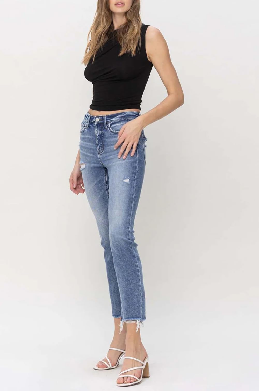 Flying Monkey Women's High Rise Slim Straight Jeans with Raw Hem - F5160 | Comfortable & Stylish for Casual Wear, Work & Everyday Outfits