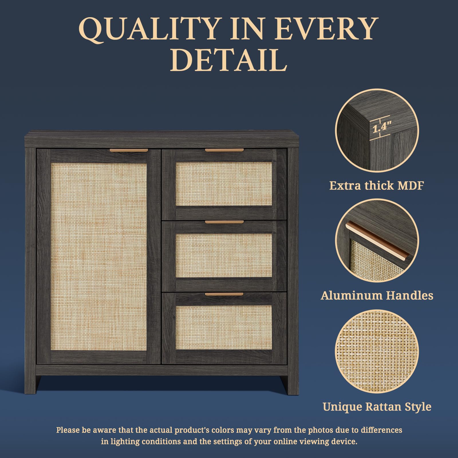 Hampstead 3-Drawer Rattan Storage Cabinet - Adjustable Shelves Kitchen Buffet Sideboard for Living Room, Hallway & Dining Room - Midnight Oak Finish | Perfect for Home Organization & Entertaining