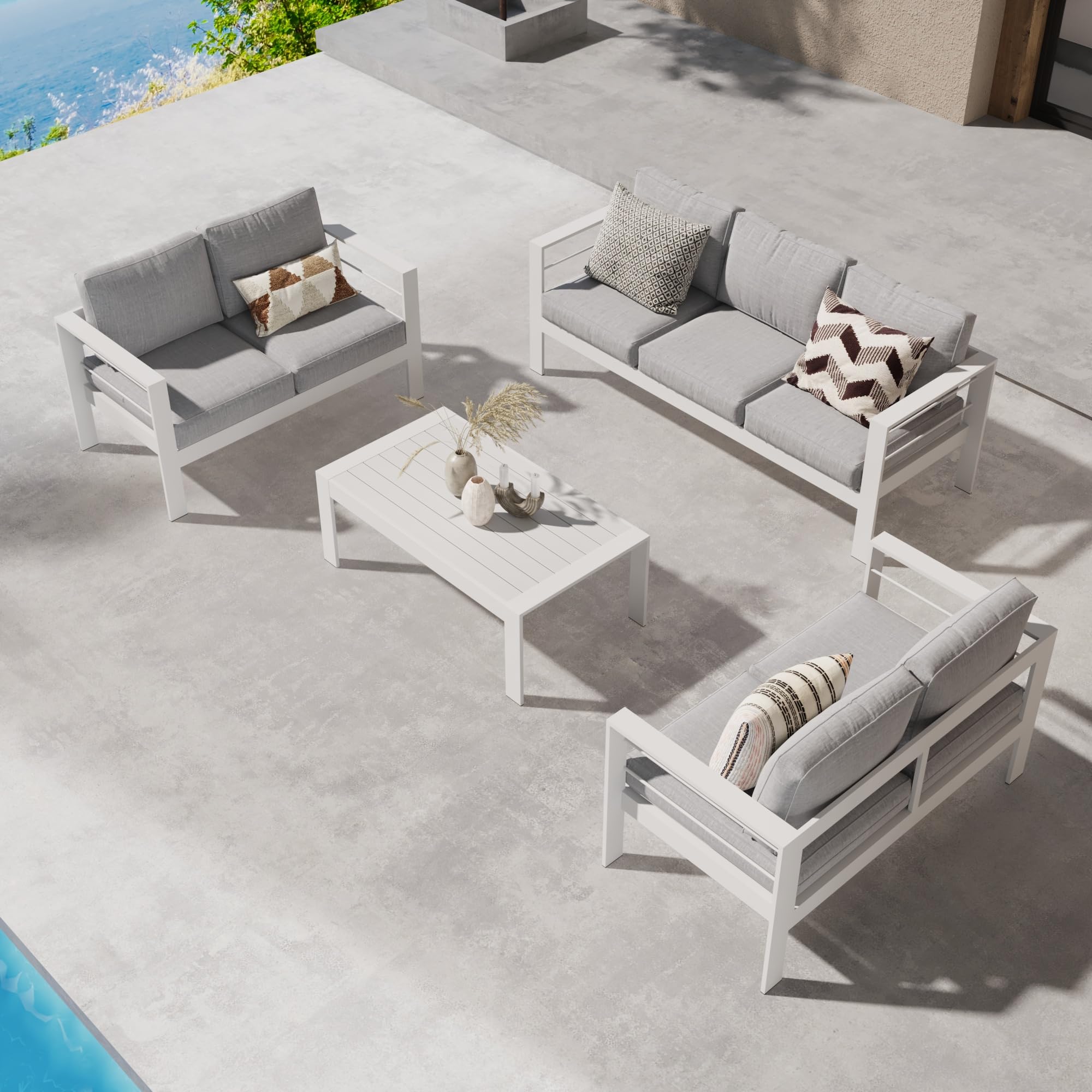 Modern Wisteria Lane Aluminum Outdoor Patio Furniture Set - 5-Piece Metal Sectional Sofa with Cushions & Coffee Table - Light Grey Balcony, Garden, Backyard Conversation Set for Relaxing & Entertaining